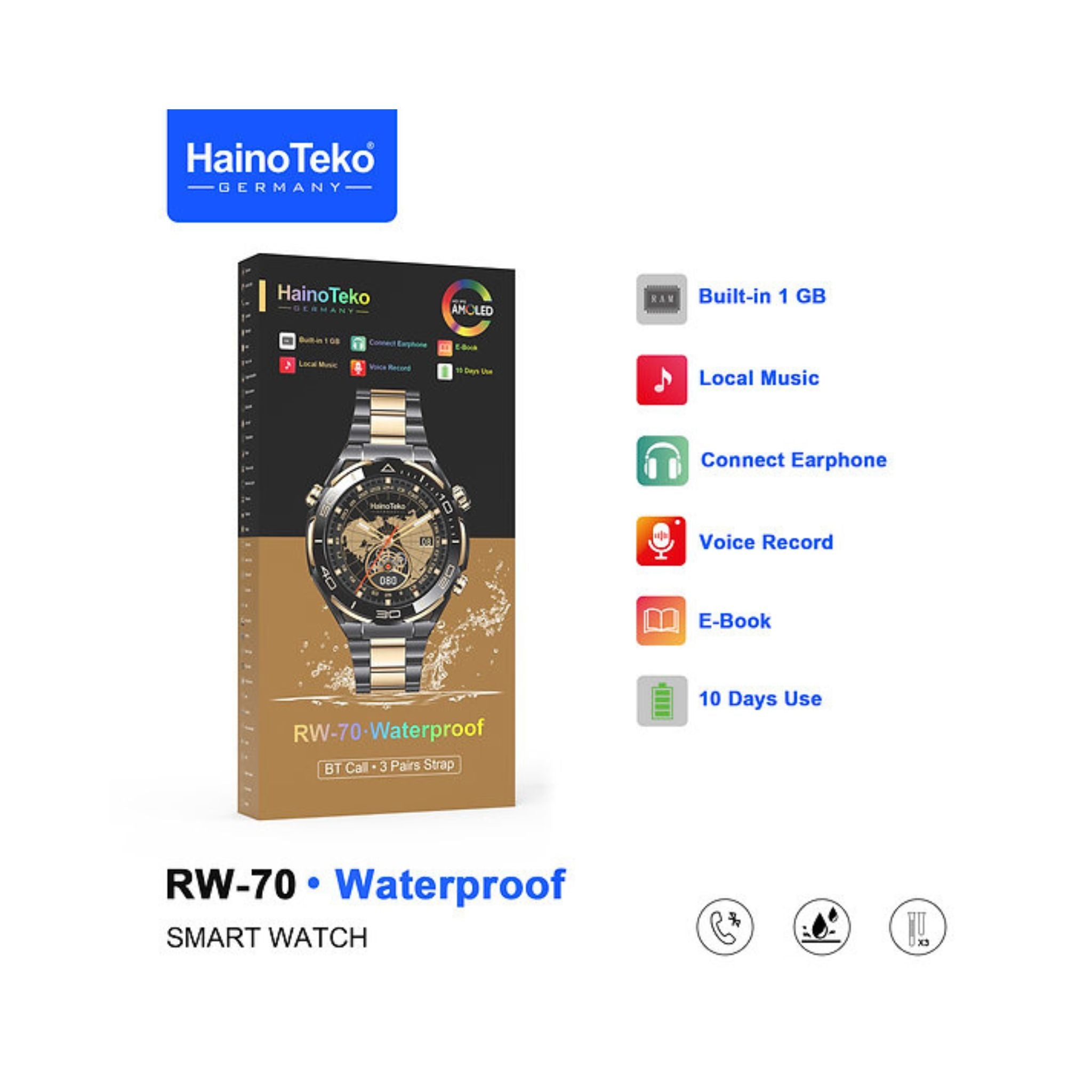 Haino Teko RW-70 AMOLED Waterproof Smart Watch with 1GB Built-in Storage 10-Day Battery and 3 Pair Straps Designed for Men-Black & Gold