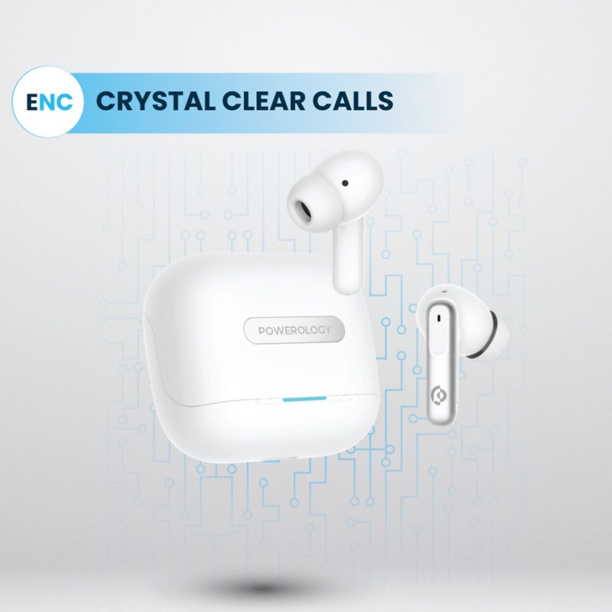 Powerology Hybrid True Wireless Earbuds with ANC + ENC, 6 Microphone, Bluetooth Version 5.3 & Type-C Charging Port - White