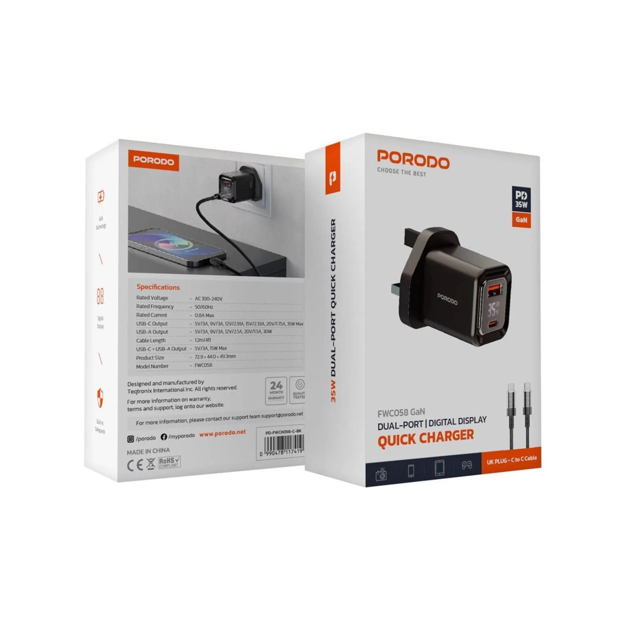 Porodo  PD35W GaN Display Screen USB +C Fast Charger UK Plug with  Type-C Transparent Cable - Black