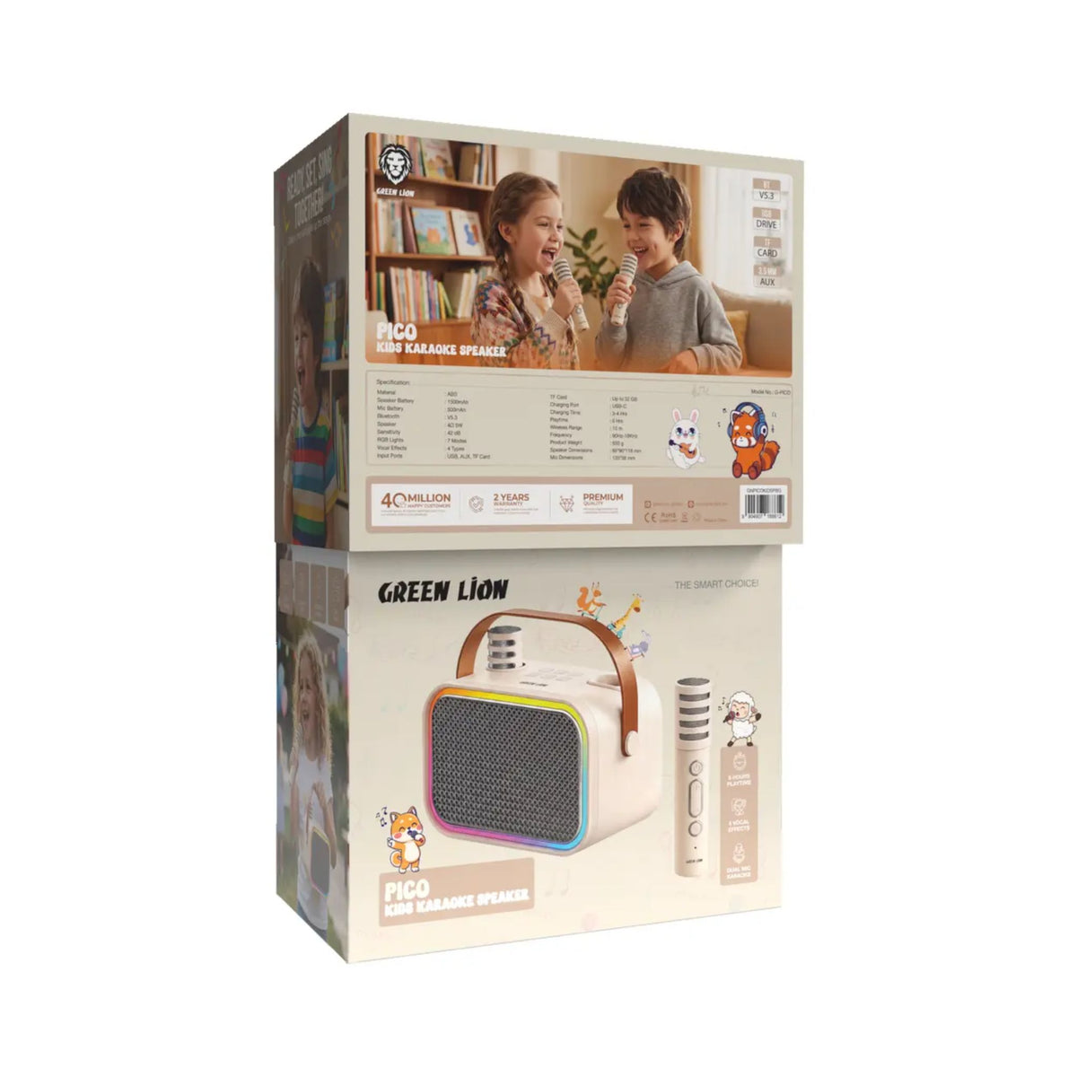 GREEN LION Pico Kids Karaoke Speaker with 2 Microphones, 5W Speaker, Bluetooth 5.3, 7 RGB Light Modes, 4 Vocal Effects, 1500mAh Battery, 6 Hours Playtime, USB, AUX & TF Card Support -  Beige