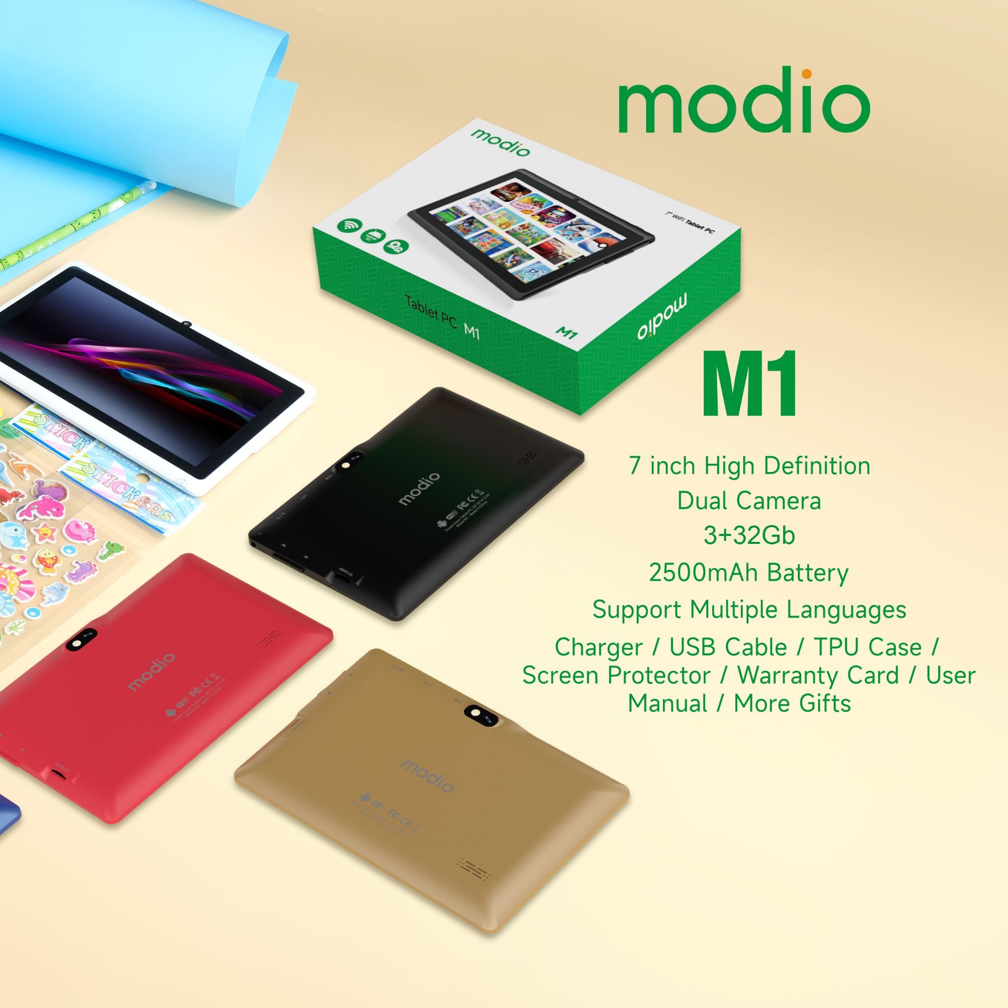 Modio M1 Tablet for Kids Dual Camera 7 inch display 16GB,5G WiFi Tablet PC 3000 mAh Battery- Black
