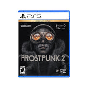 Frostpunk 2 game cover for PS5 with a person wearing goggles on a white background