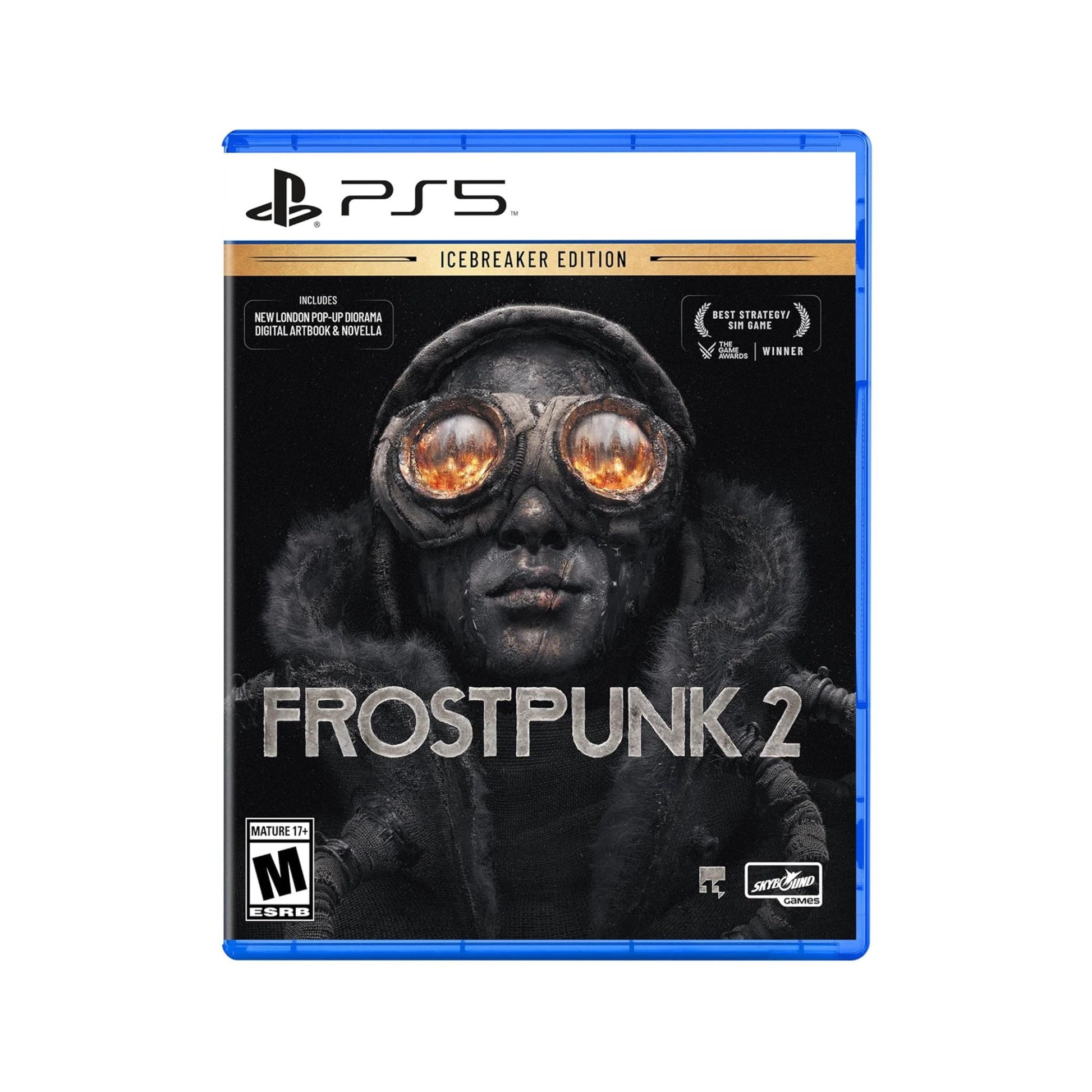 Frostpunk 2 game cover for PS5 with a person wearing goggles on a white background