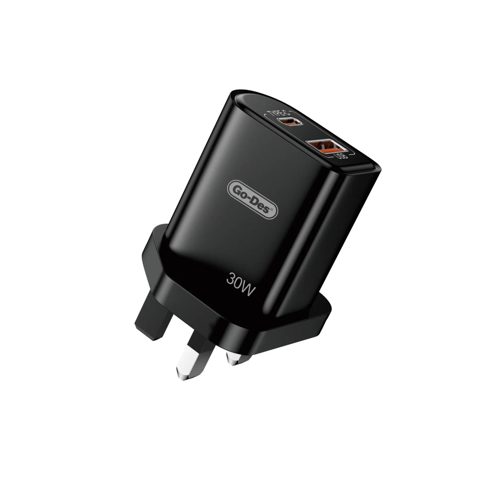 Go-Des PD 30W Fast Travel Charger Dual Port USB-C + USB-A Power Adapter with Safety-Black