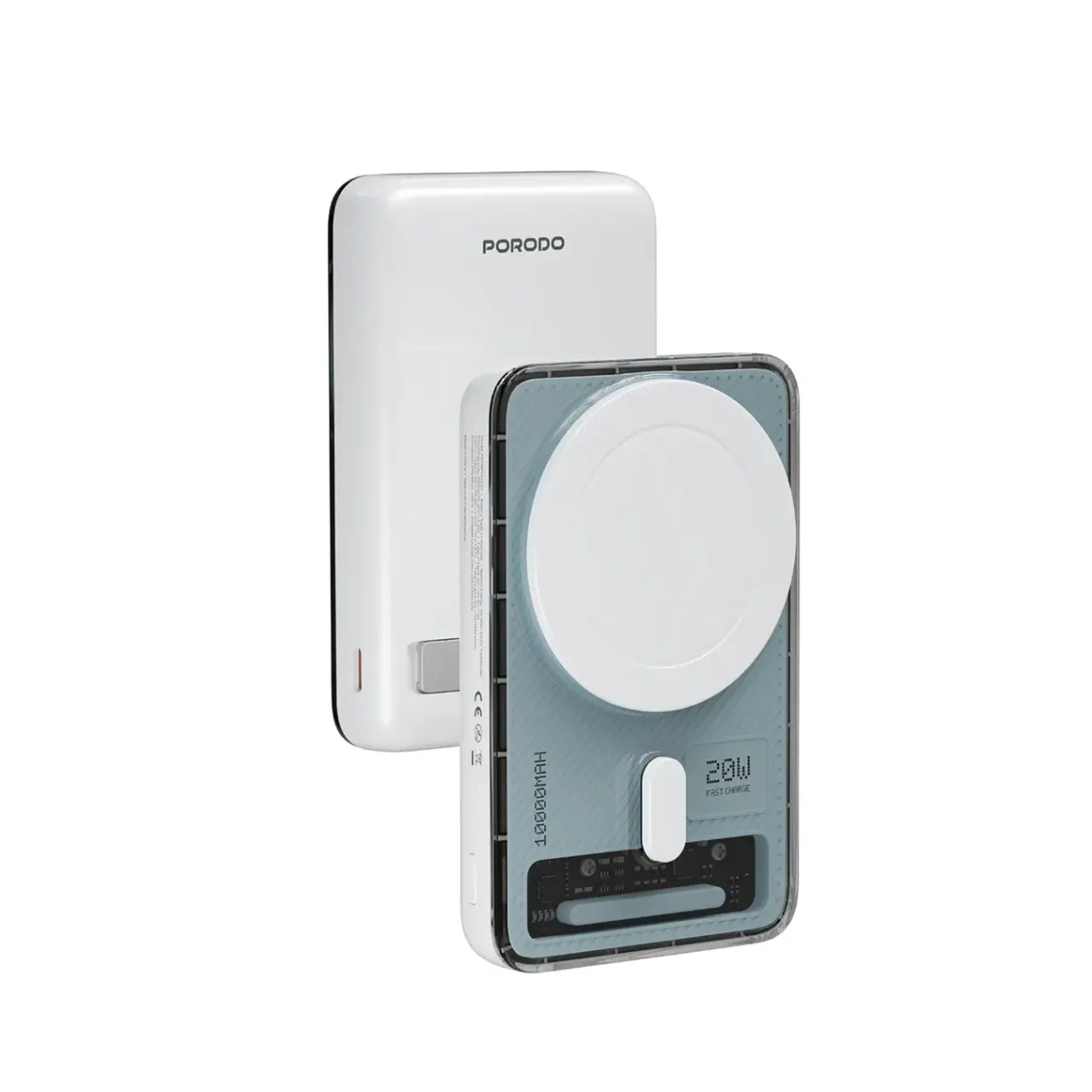 Porodo Sovo MagSafe Power Bank 5000mAh & 10000mAh with PD 20W Wired/Wireless Fast Charging, USB-C Input/Output, Charging LED Indicator, Compact Lightweight Design – White