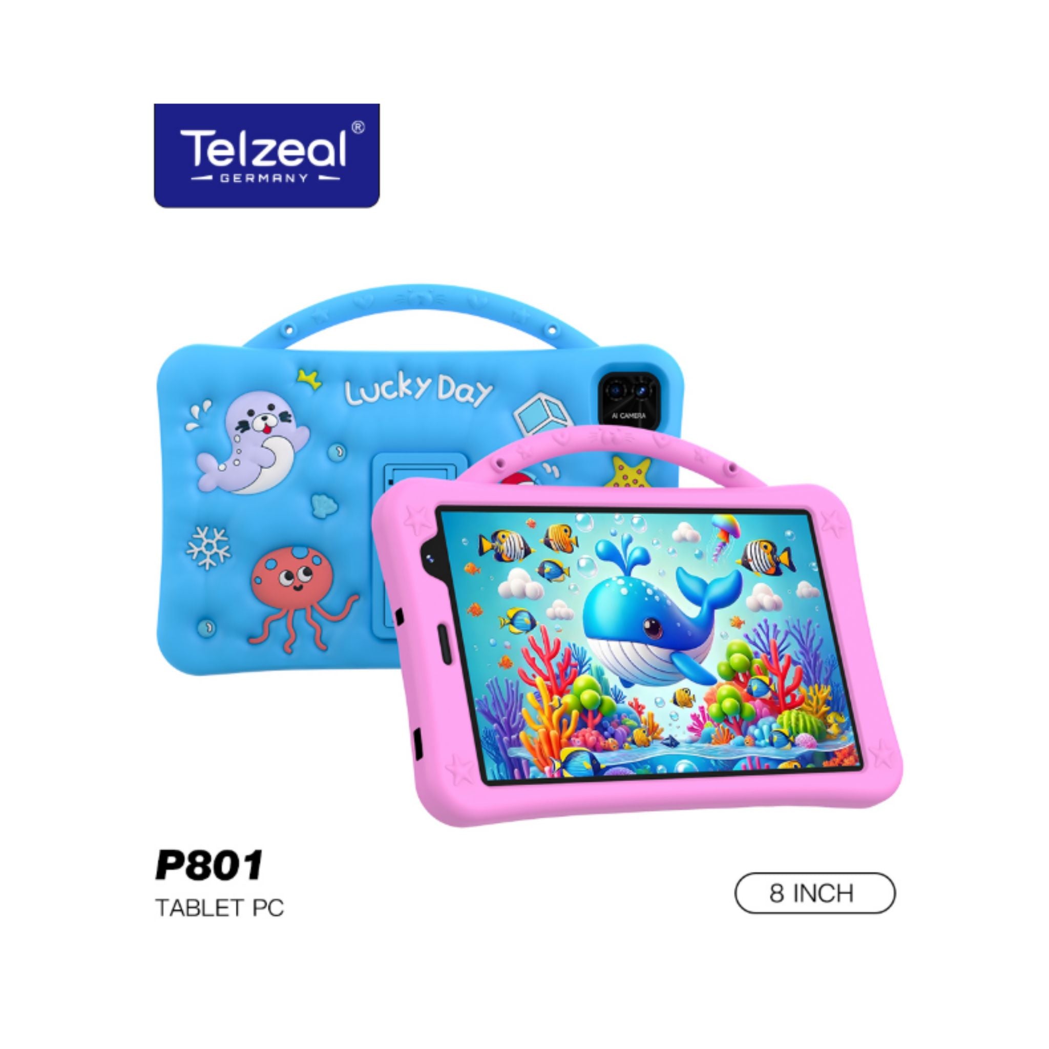 Telzeal P801 Kids Tablet 8-Inch Android 13 with 8GB RAM 512GB Storage, Dual SIM, Dual Camera, 5000mAh Battery | Educational Tablet for Kids with Stylus & Protective Case – Blue