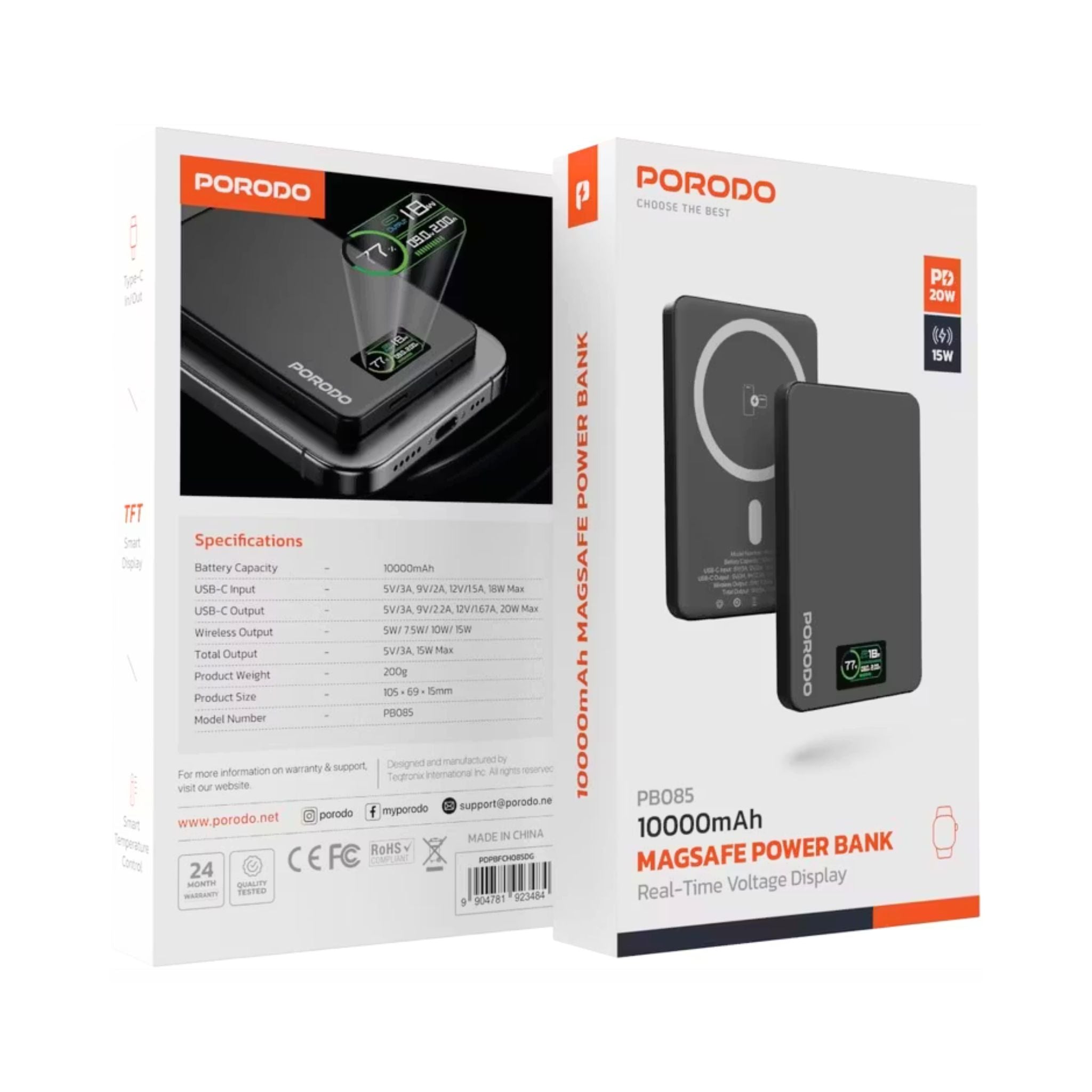 Porodo 10000mAh Power Bank with Real-Time TFT Smart Display, Type-C Input & Output, 20W PD Fast Charging, 15W Wireless Charging, Compatible with MagSafe, Smart Temperature Control - Dark Gray