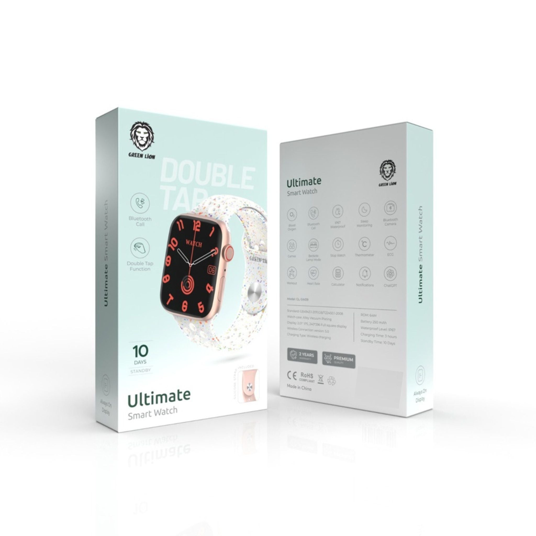 Green Lion Ultimate Smart Watch with Bedside Lamp Mode, Heart Rate & Sleep Monitoring, 2.01" Screen, 10 Days Standby Time, ChatGPT Support, Double Tap Function - Rose Gold