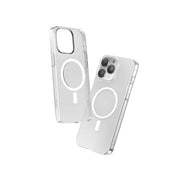 Two clear phone cases for iPhone 15 Pro and Pro Max, featuring MagSafe compatibility, displayed from the back, showcasing the circular MagSafe areas and camera module protection.