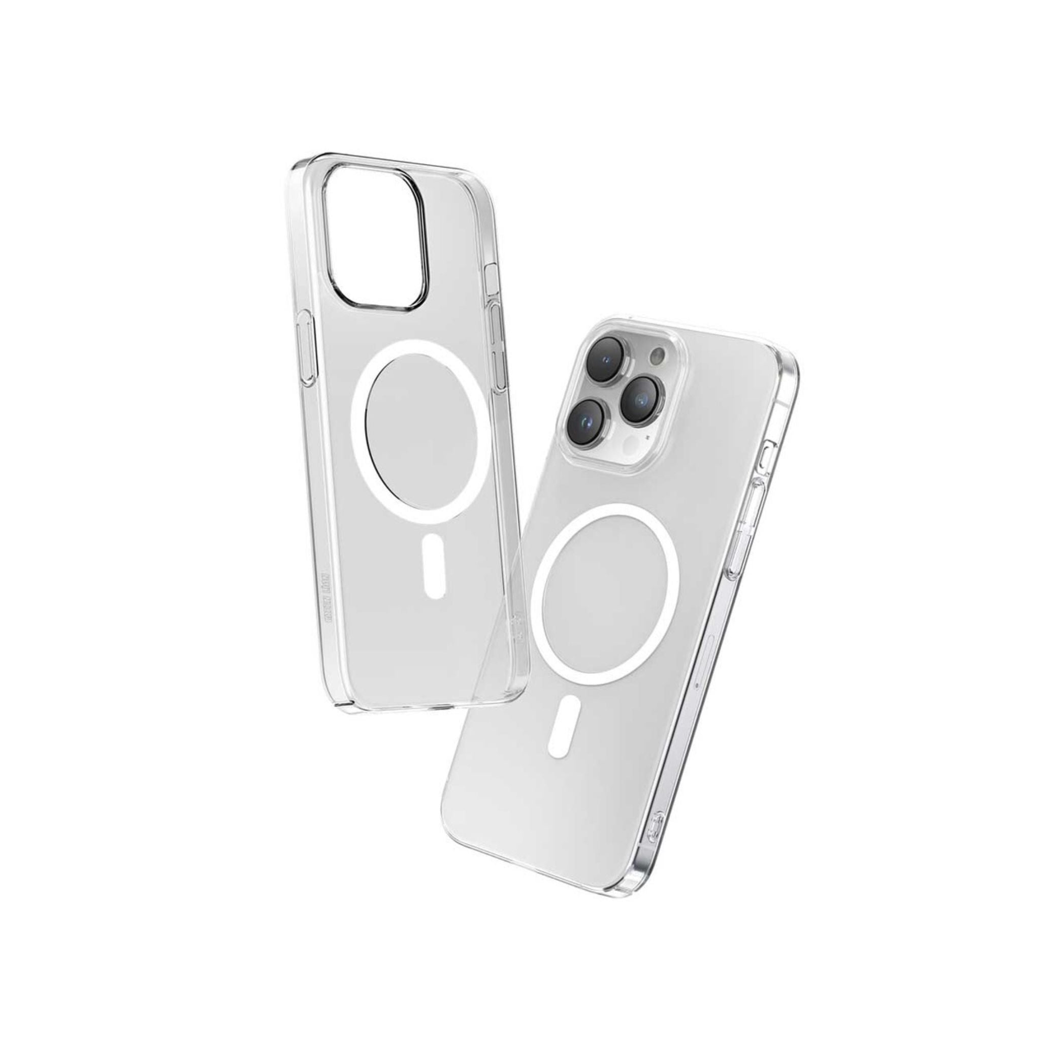 Two clear phone cases for iPhone 15 Pro and Pro Max, featuring MagSafe compatibility, displayed from the back, showcasing the circular MagSafe areas and camera module protection.