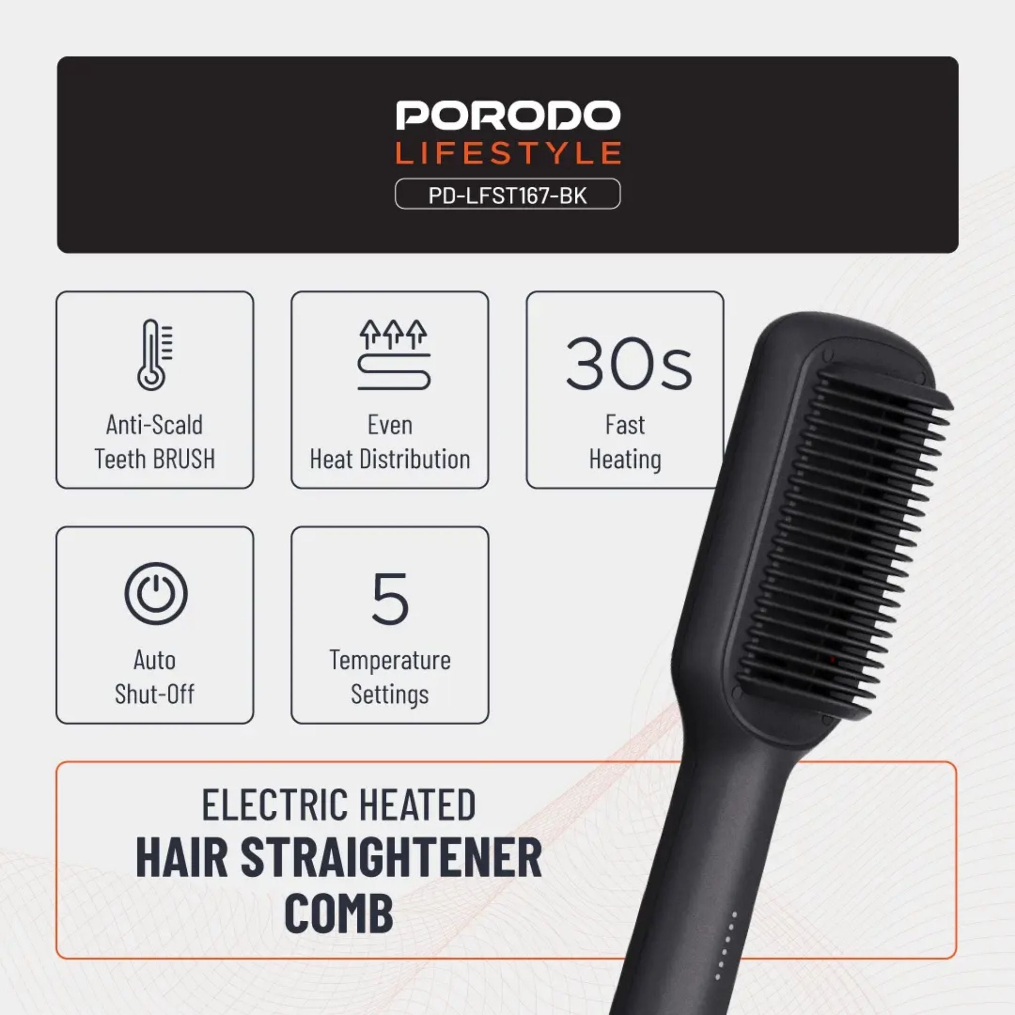 Porodo Lifestyle Electric Heated Hair Straightener Comb - Black