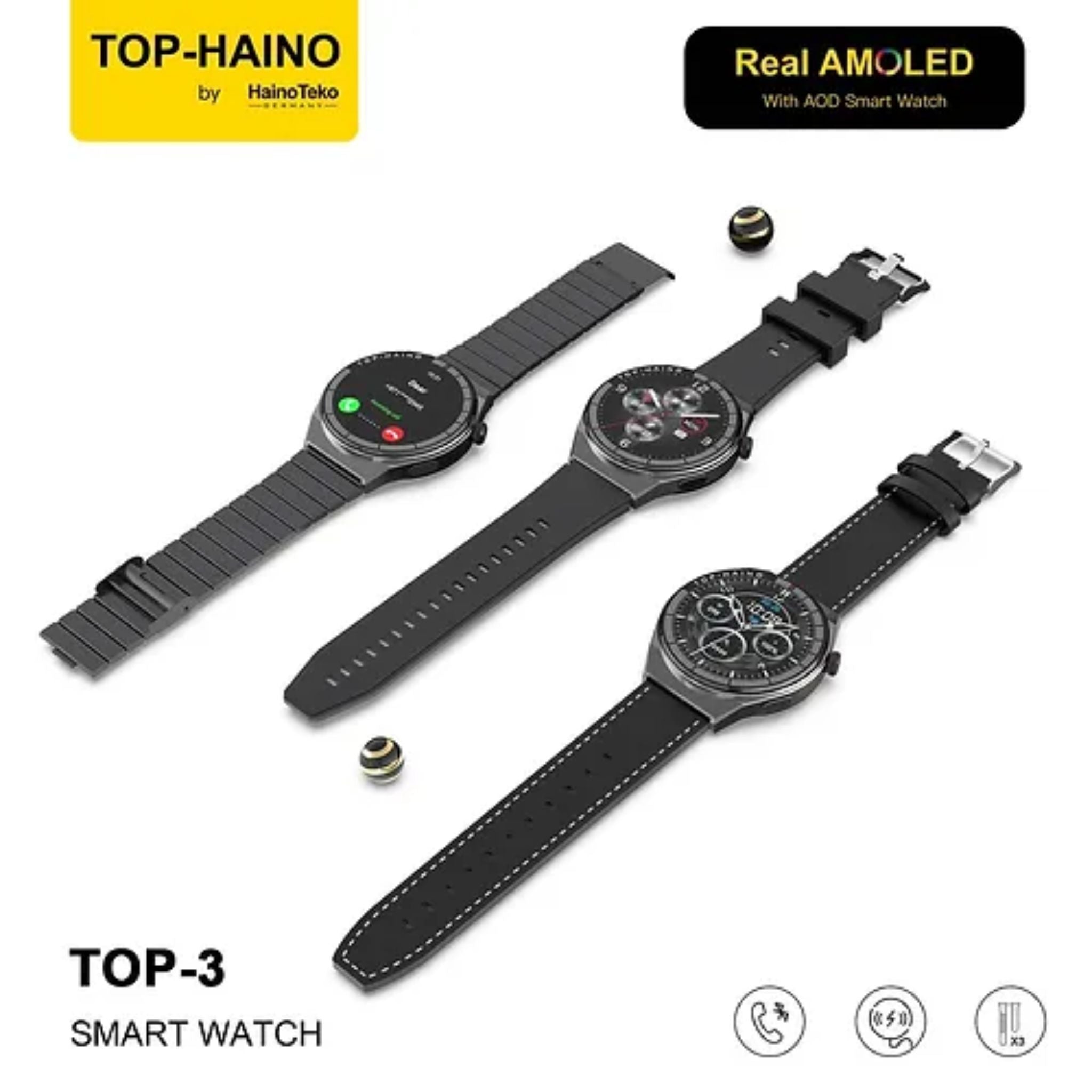 Premium Haino Teko Germany TOP 3 Full Screen Real AMOLED Display Series 9_3 Pair Straps Wireless Charger and Pen Designed For Unisex Adults_Black