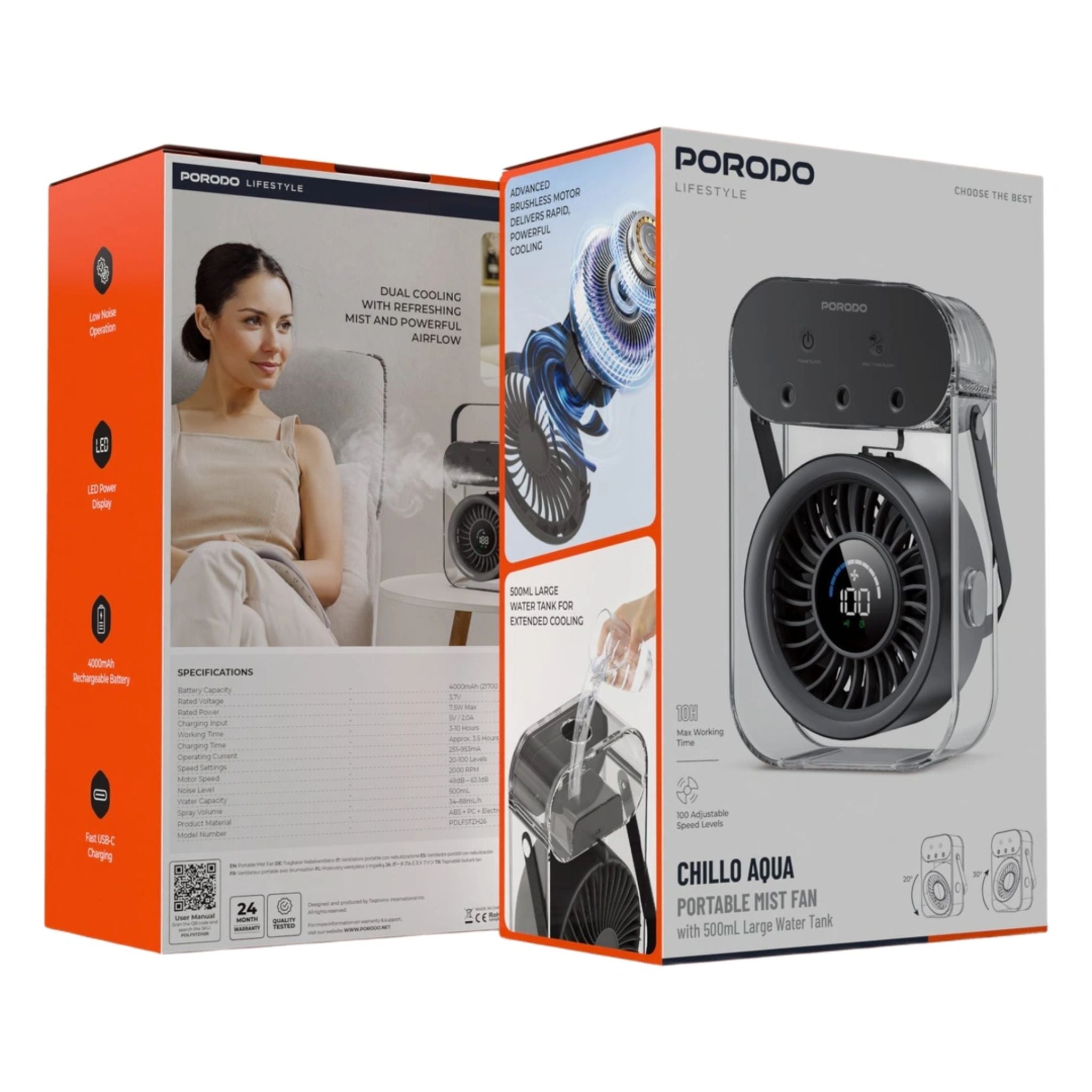 Porodo Lifestyle Chillo Aqua Portable Mist Fan with 500mL Large Water Tank - Black