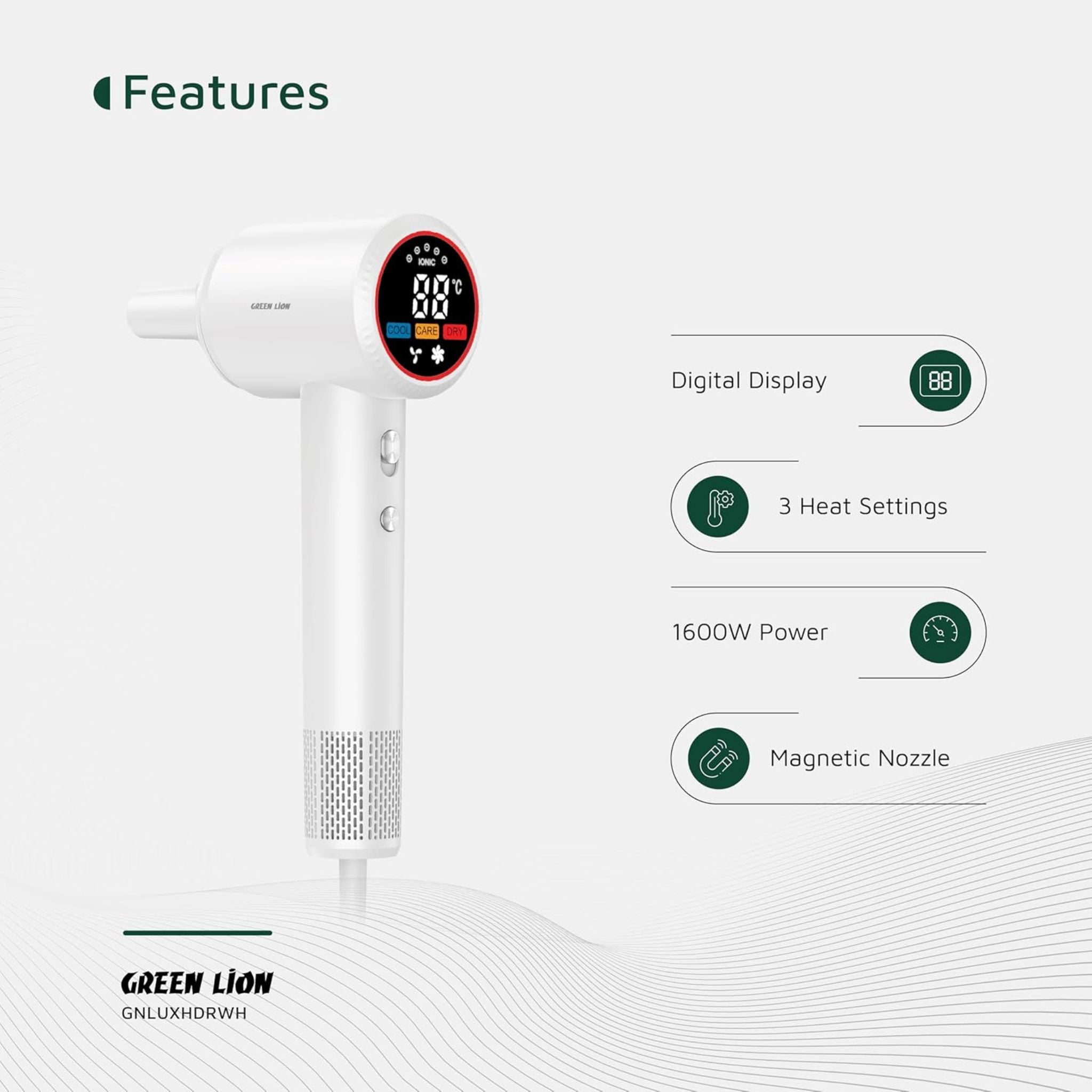 Green Lion LUXAIR Hair Dryer, 1600W BLDC Motor, Digital Display, Hot & Cold Air Alternating Mode, 3 Heat Settings, 2 Wind Speeds, Low Noise 68dB, Durable PC+ABS Body with Copper Heating Element, 1.8m UK Plug – White