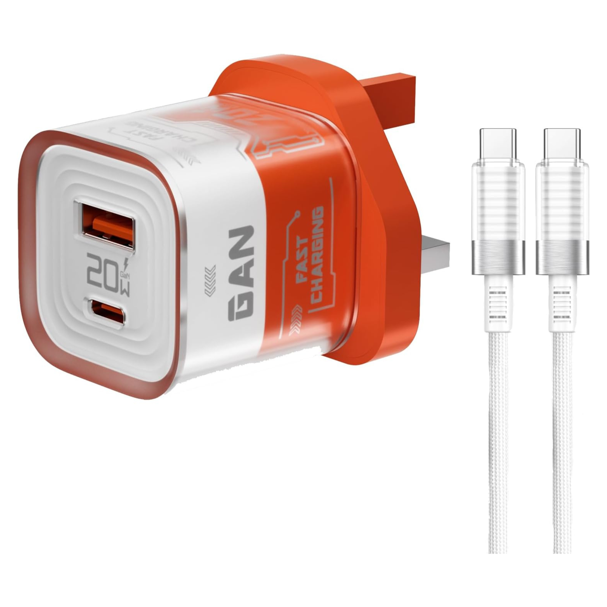 Porodo PD 20W GaN UK Transparent Dual Port Fast Charger in orange and white, with a white cable, showcasing USB-A and USB-C ports.