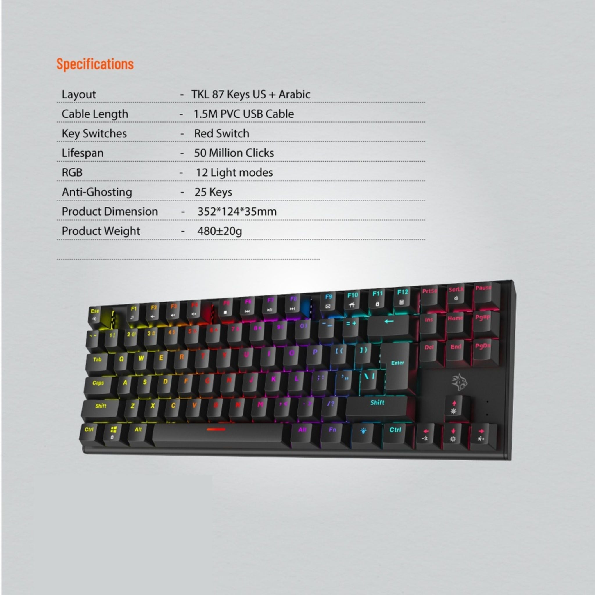 Porodo Gaming TKL Mechanical Keyboard with 12 RGB Light Modes, 25 Anti-Ghosting Keys, 50 Million Clicks Lifespan, 1.5m PVC Cable, Plug & Play, English & Arabic Keys - Black