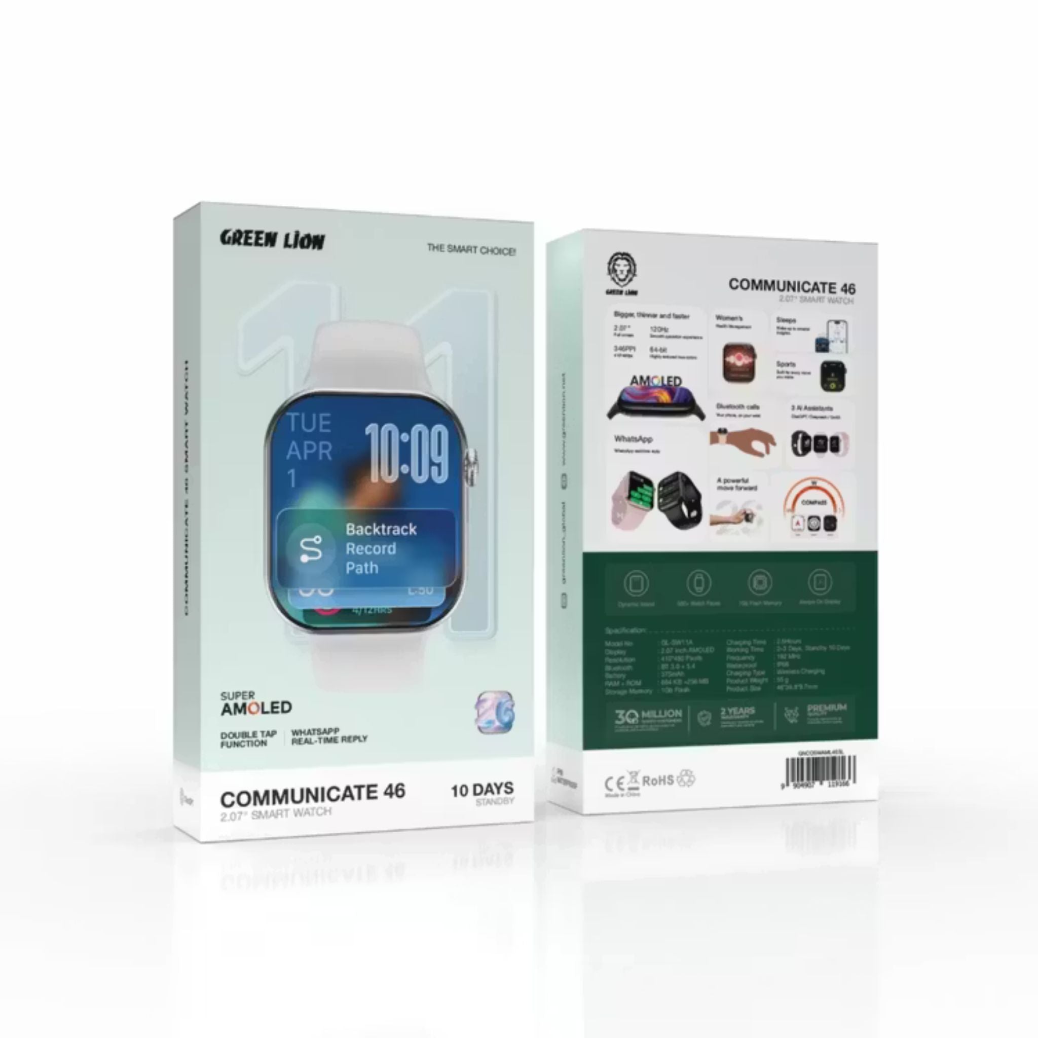 Green Lion Communicate 46mm Smartwatch , 2.07” Super AMOLED Display, 375mAh Battery, 1GB Flash Storage, IP68 Waterproof, Bluetooth 3.0+5.4, Wireless Charging, Dynamic Island, Always-On Display, 500+ Watch Faces, 2–3 Days Use, 10-Day Standby- Silver