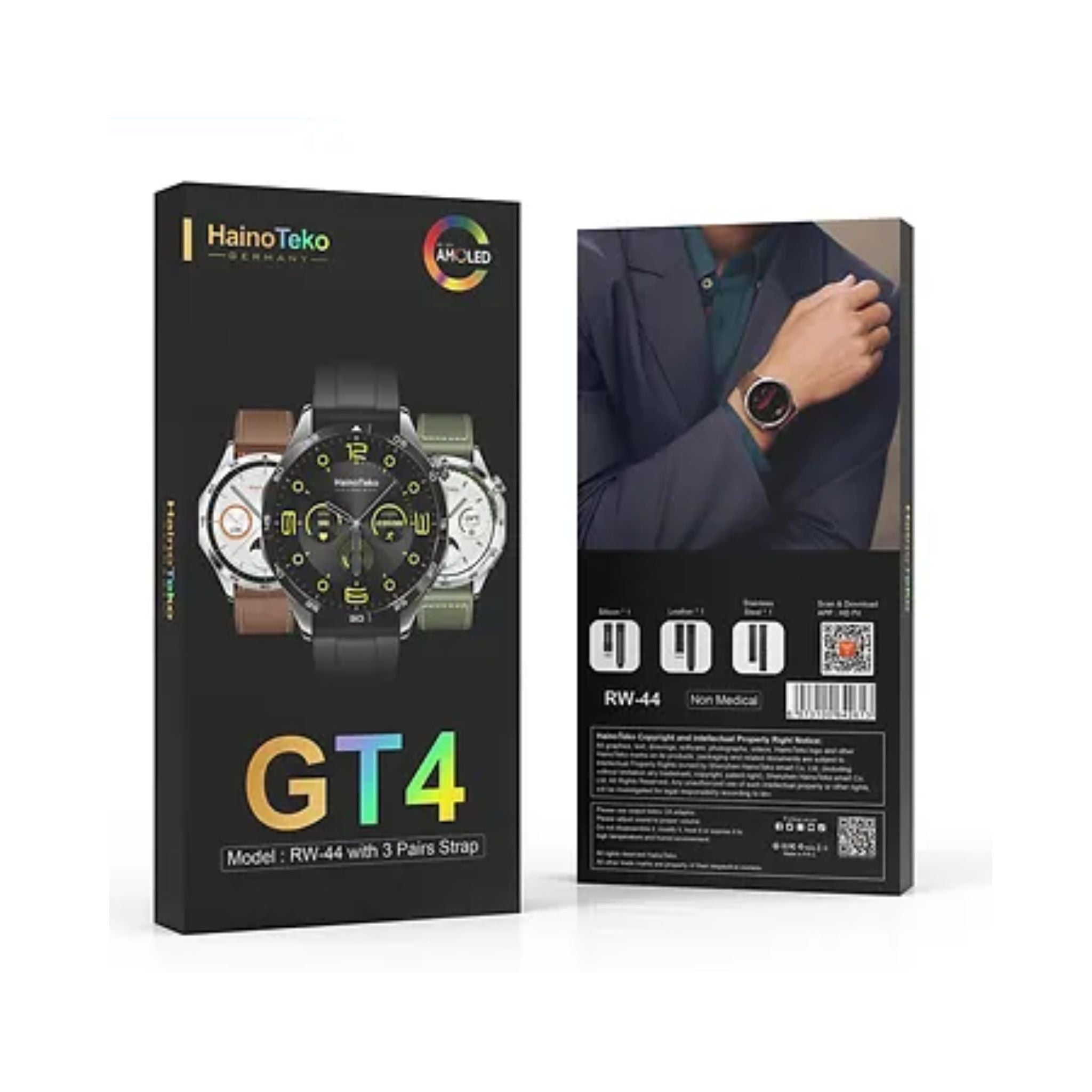Premium Haino Teko RW44 (GT4)SmartWatch with 3 Bands (Stainless Steel+Leather+Silicone)with AMOLED HD IPS Screen_Black
