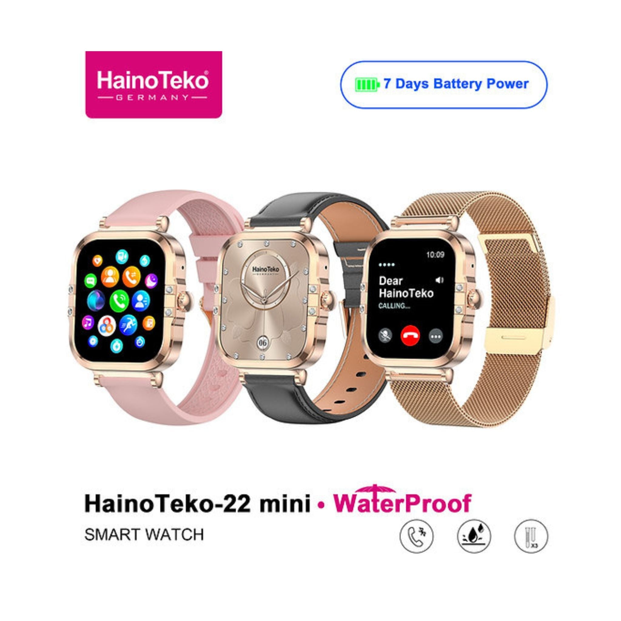 Haino Teko-22 Mini Waterproof Smart Watch With AMOLED Display 7 Days Battery Life and 3 Pair Straps Designed for Ladies-Gold
