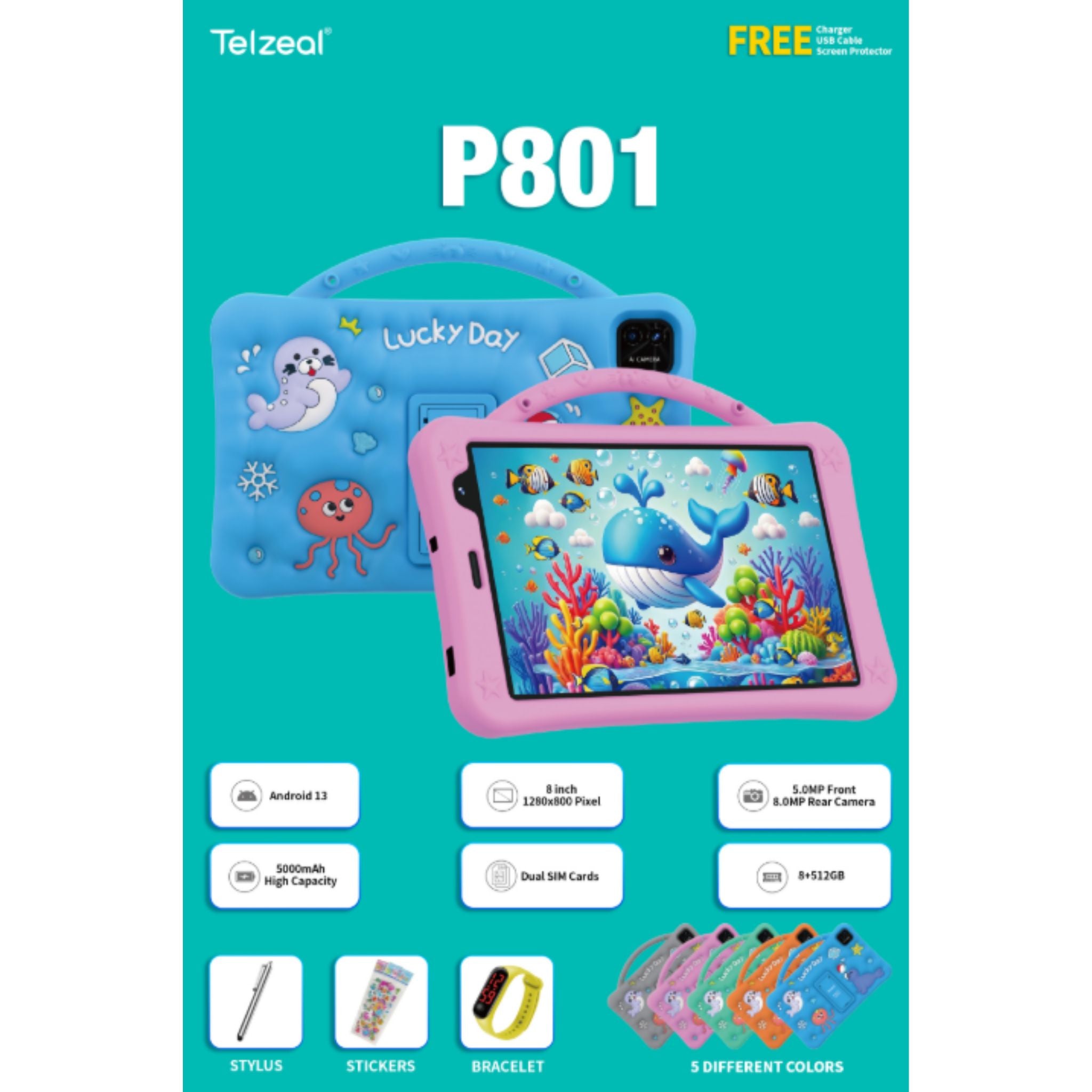 Telzeal P801 Kids Tablet 8-Inch Android 13 with 8GB RAM 512GB Storage, Dual SIM, Dual Camera, 5000mAh Battery | Educational Tablet for Kids with Stylus & Protective Case – Blue