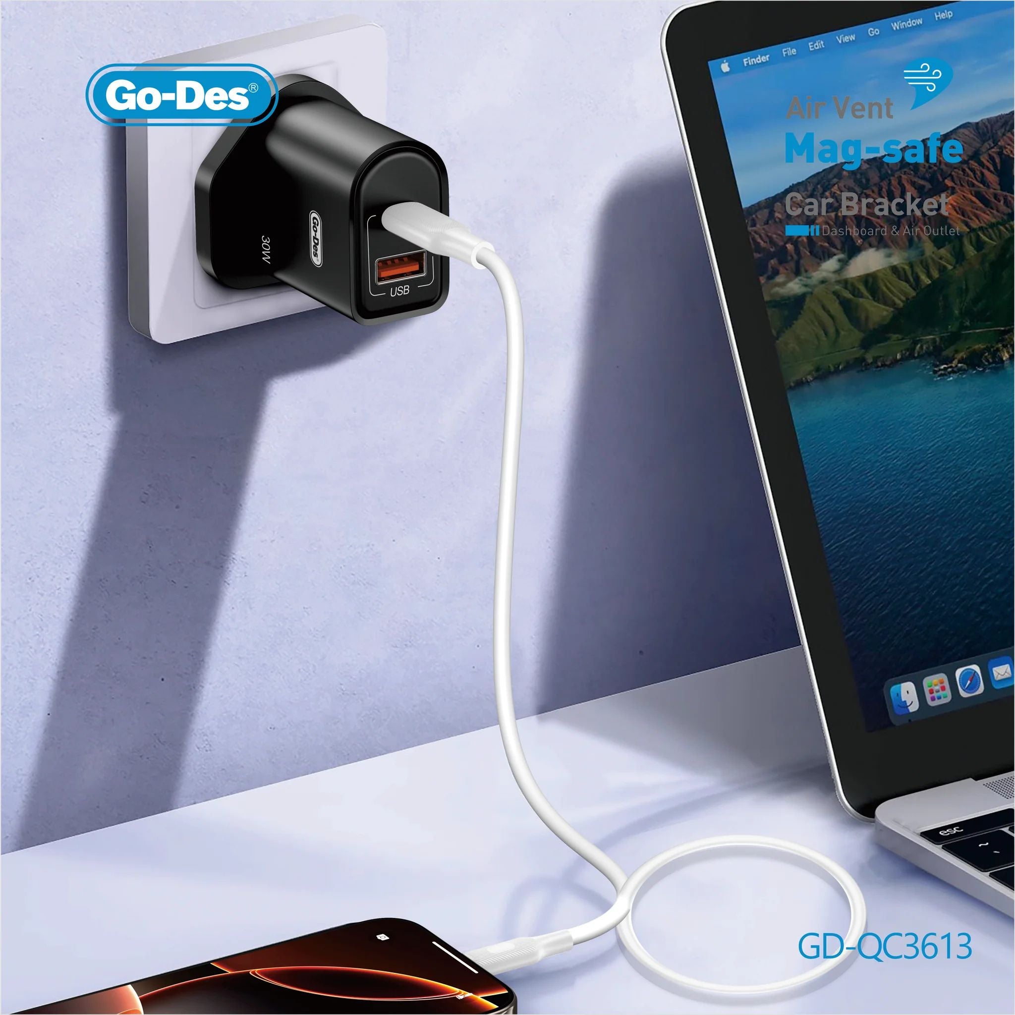 Go-Des PD 30W Fast Travel Charger Dual Port USB-C + USB-A Power Adapter with Safety-Black