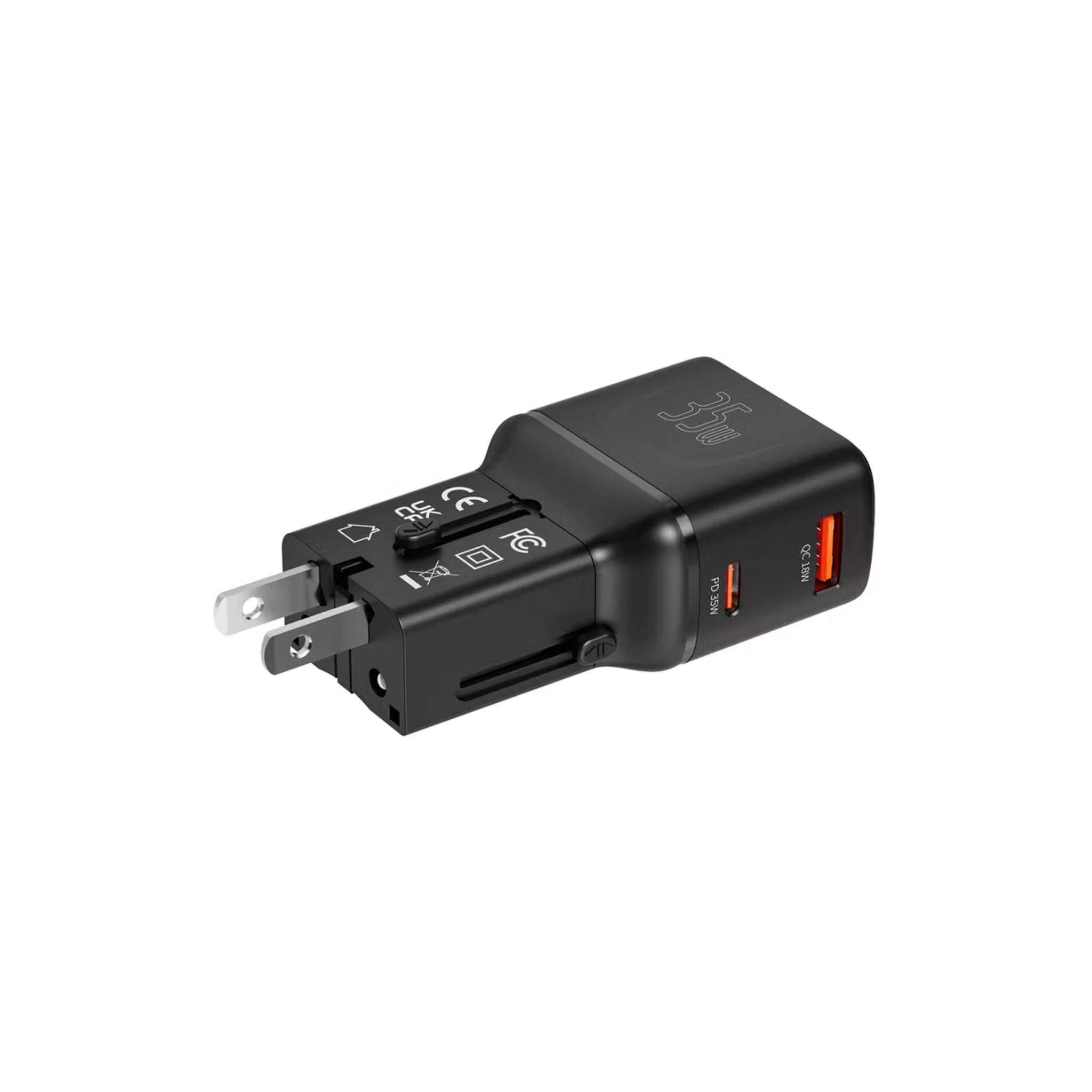 Porodo Universal Travel Pocket Charger with 800mA Battery Capacity, Supported UK, EU, US & AU Plugs, 35W Mini Universal Charger, USB-A & USB-C Ports, Built-in Safeguards, 200+ Countries - Black