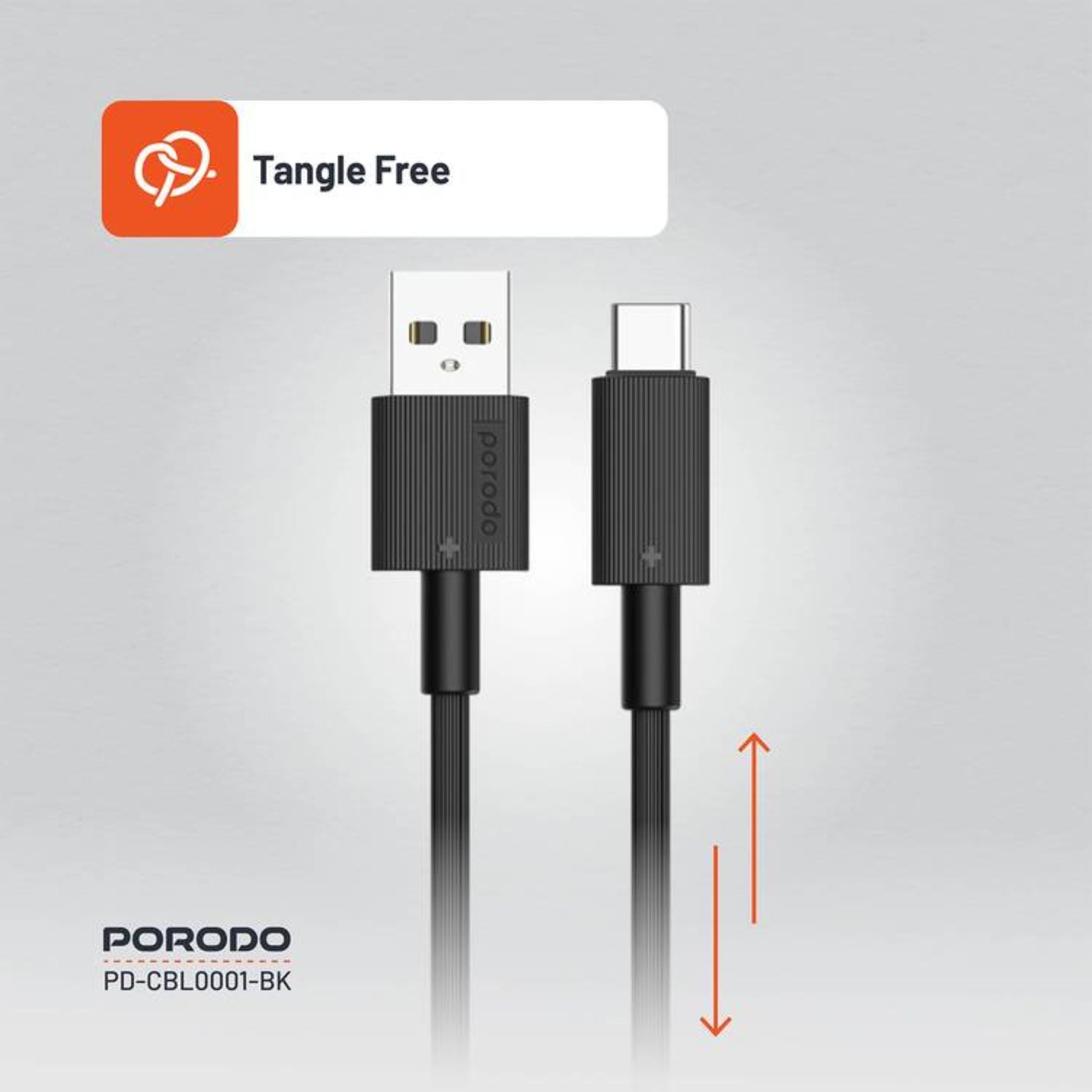 Porodo USB-A to USB-C PVC Cable, 480Mbps Transfer Speed, more than 15000 Bends Life Span, 1.2m Cable length, Tangle Free - Black