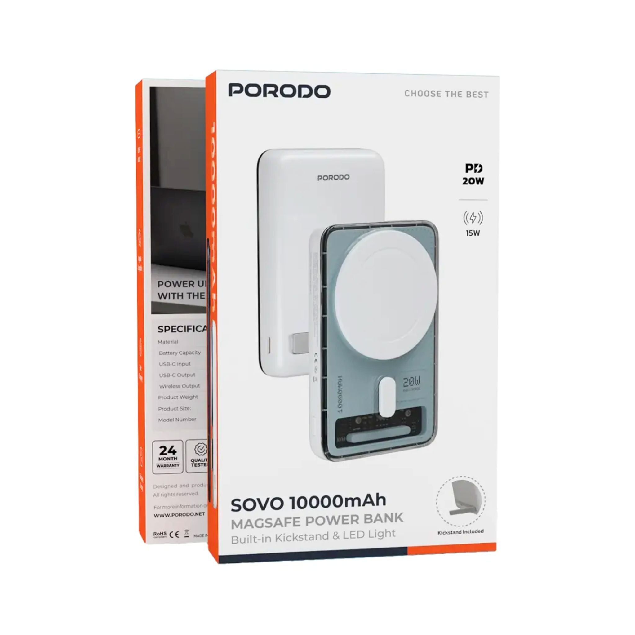 Porodo Sovo MagSafe Power Bank 5000mAh & 10000mAh with PD 20W Wired/Wireless Fast Charging, USB-C Input/Output, Charging LED Indicator, Compact Lightweight Design – White