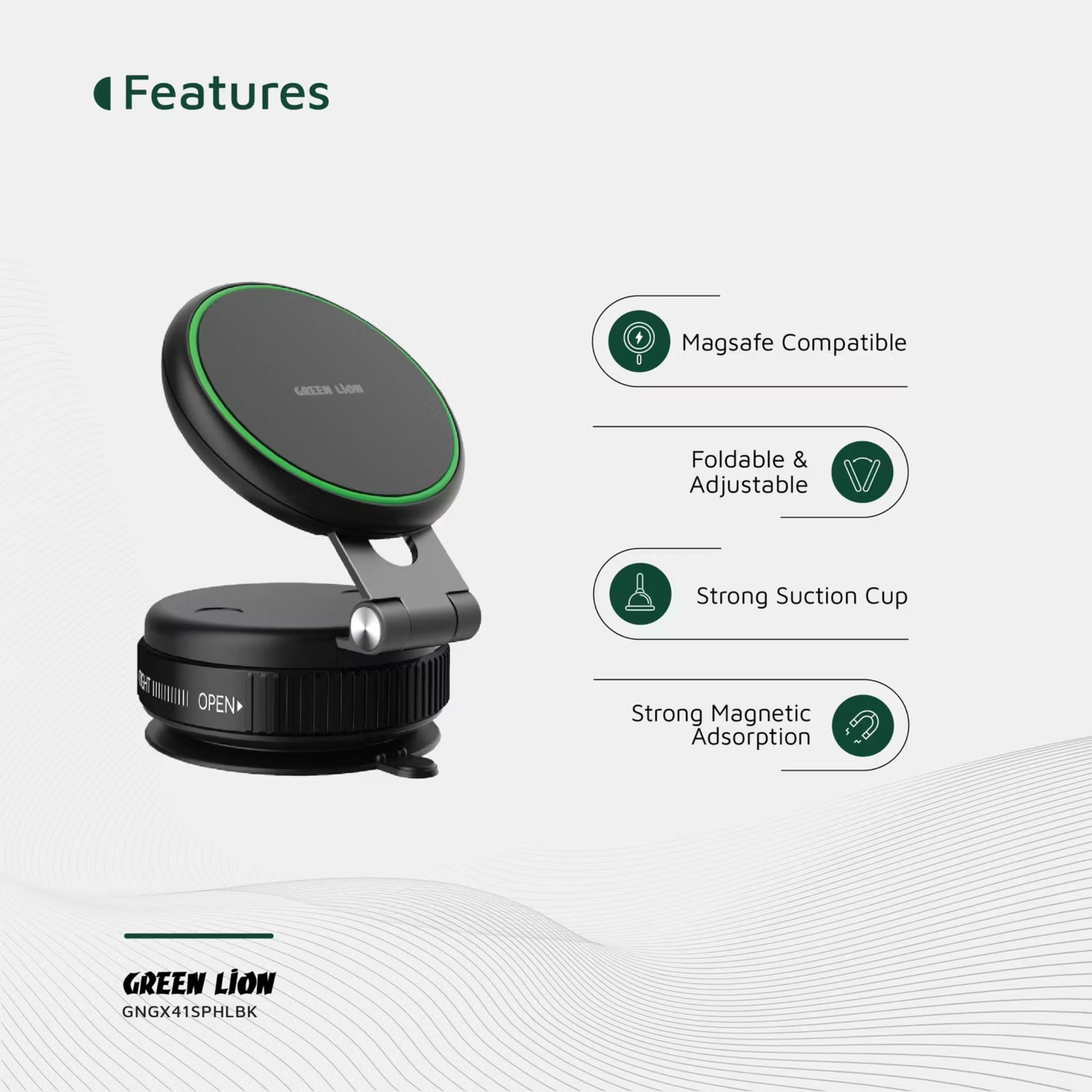 Green Lion GX-41 Suction Phone Holder with 1kg Adsorption Force, Magsafe Compatible, Swivel Lock Base, Wide Compatibility, Aluminum Alloy Arm, Foldable & Adjustable - Black