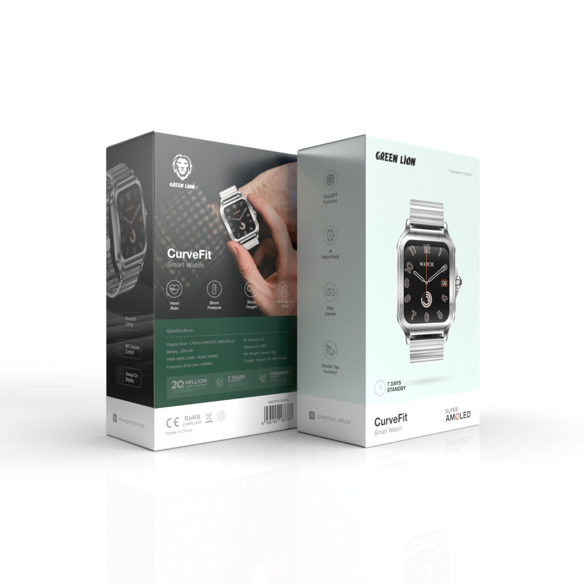 Green Lion CurveFit SmartWatches AMOLED |7 Days Standby & Double Tap Function| 260 mAh Battery Capacity |Bluetooth Version V5.0| IP68 Waterproof- Silver