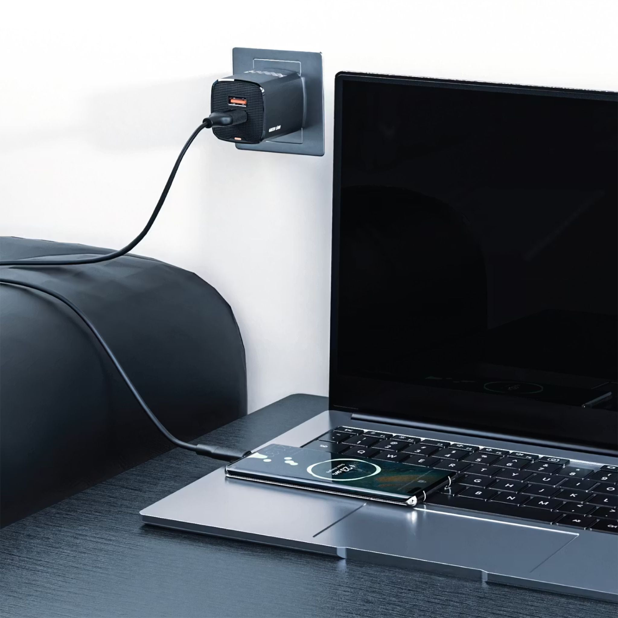 Green Lion Dual Port Wall Charger with USB-A to USB-C Cable, 10.5W per USB-A Output, ABS Material, UK 3-Pin Plug, Smart Safety System, Ultra-Compact Design - Black