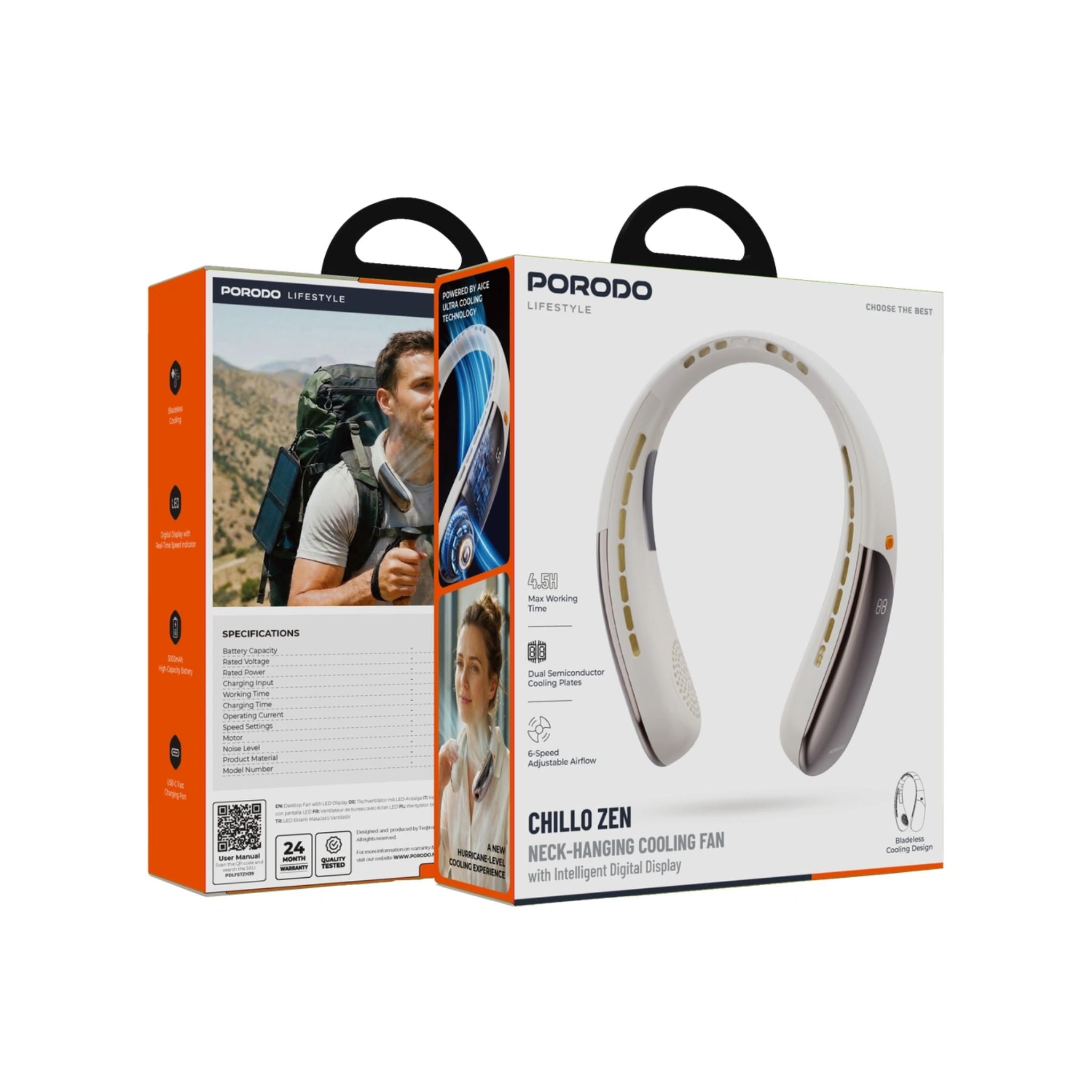 Porodo Lifestyle Chillo Zen Neck-Hanging Cooling Fan with Intelligent Digital Display - Beige