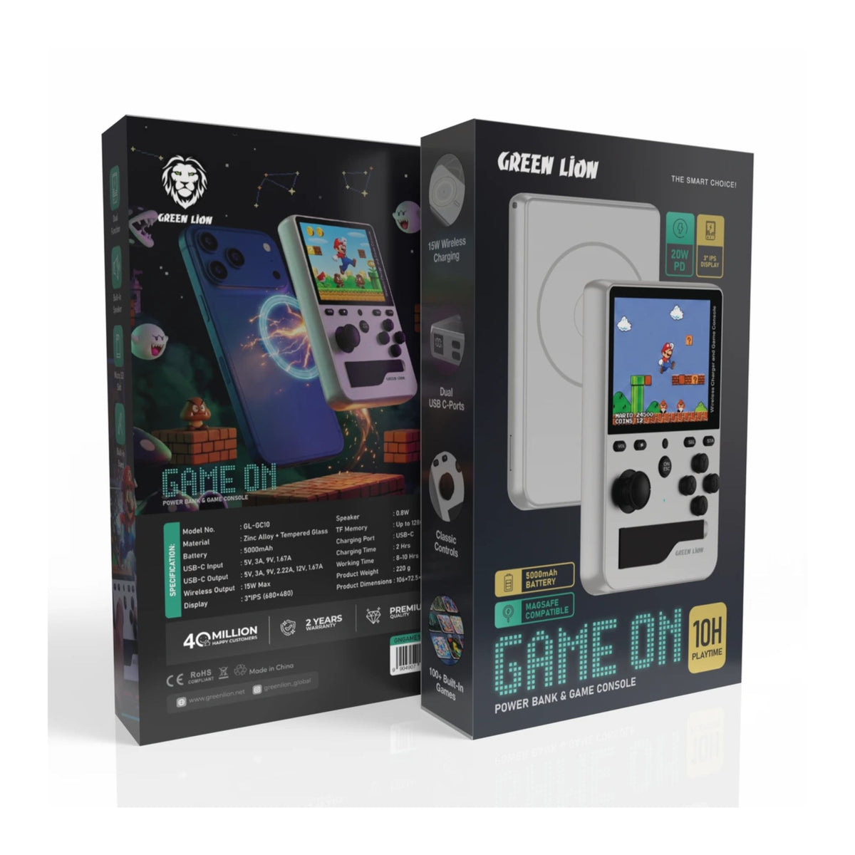 GREEN LION Game On Portable Gaming Console with 5000mAh Power Bank, 3-inch IPS Display, 100+ Built-In Games, 20W PD, 15W MagSafe Wireless Charging, Micro SD Support up to 128GB - Silver