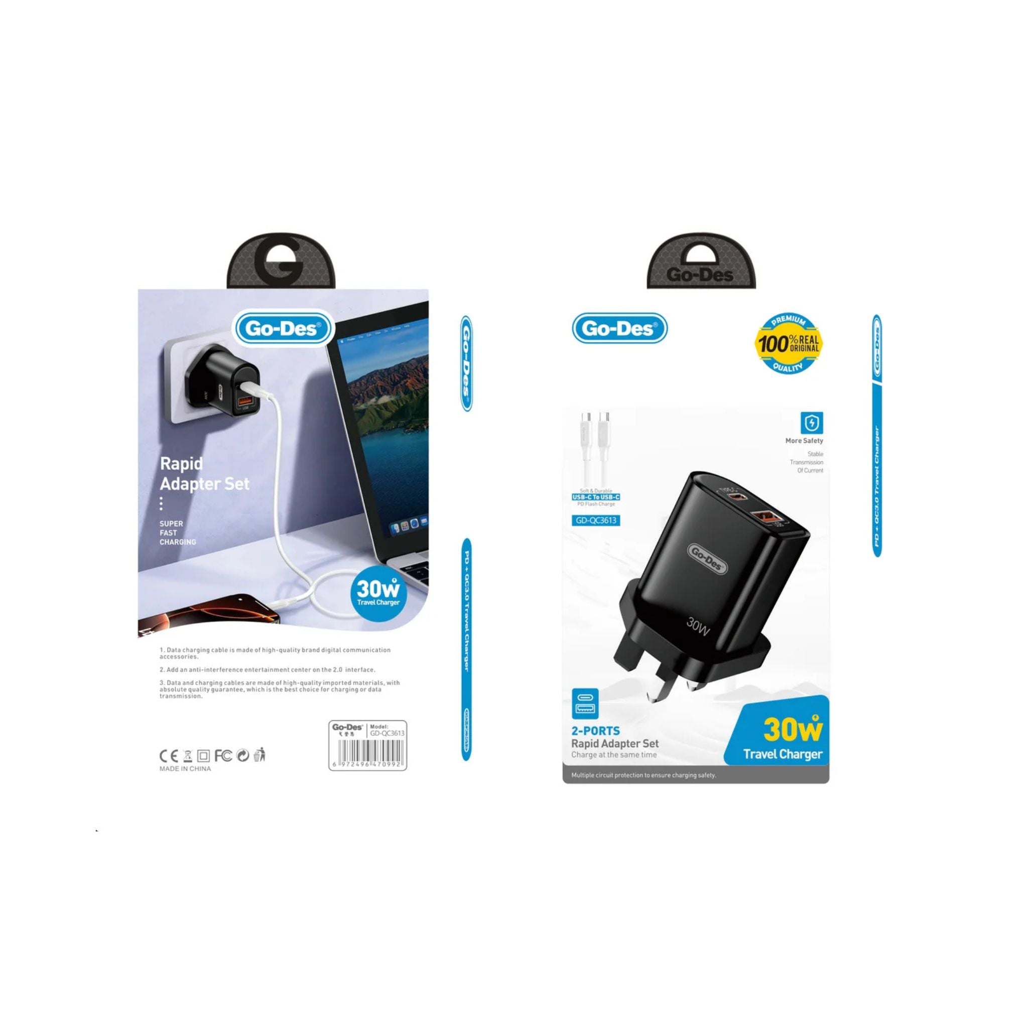 Go-Des PD 30W Fast Travel Charger Dual Port USB-C + USB-A Power Adapter with Safety-Black