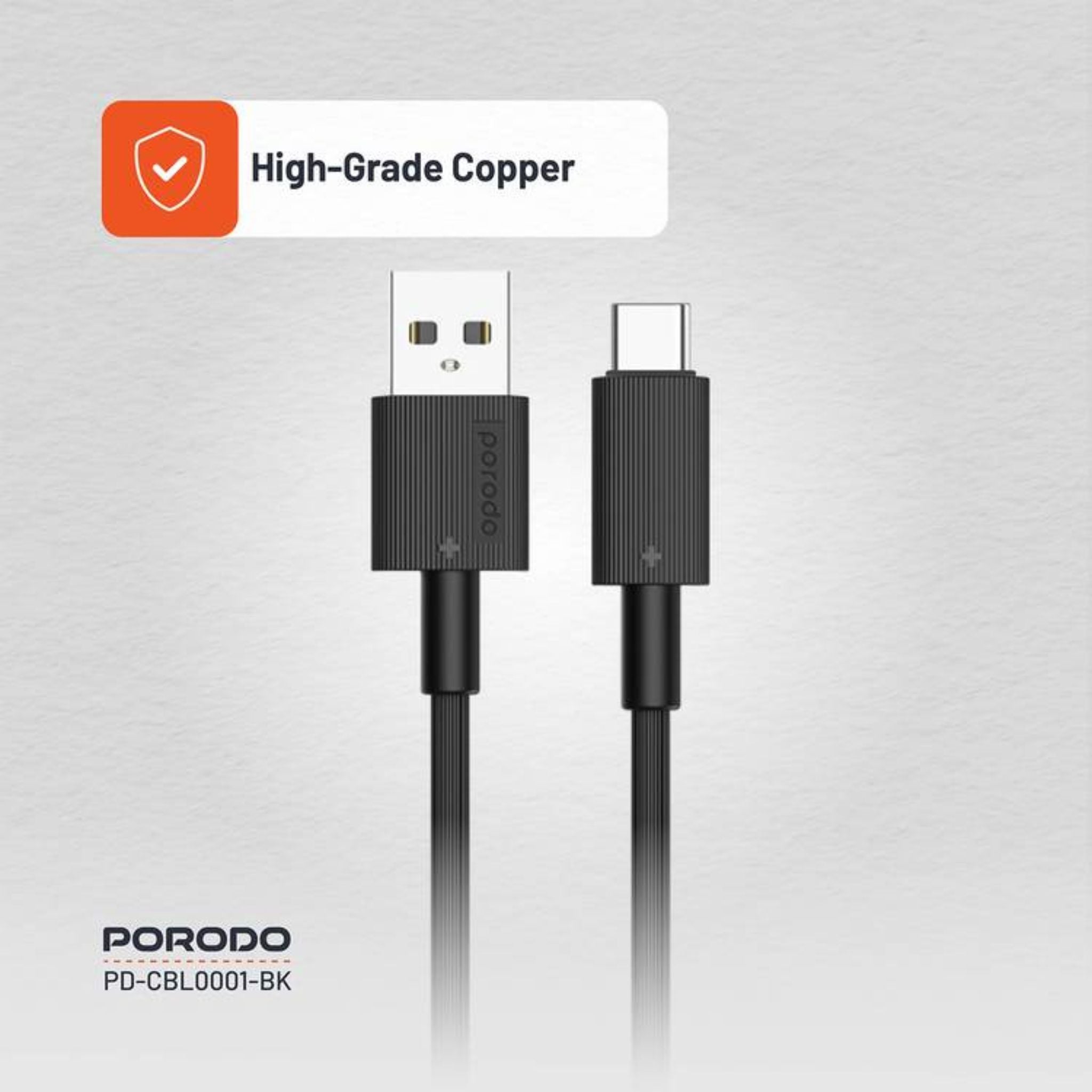 Porodo USB-A to USB-C PVC Cable, 480Mbps Transfer Speed, more than 15000 Bends Life Span, 1.2m Cable length, Tangle Free - Black