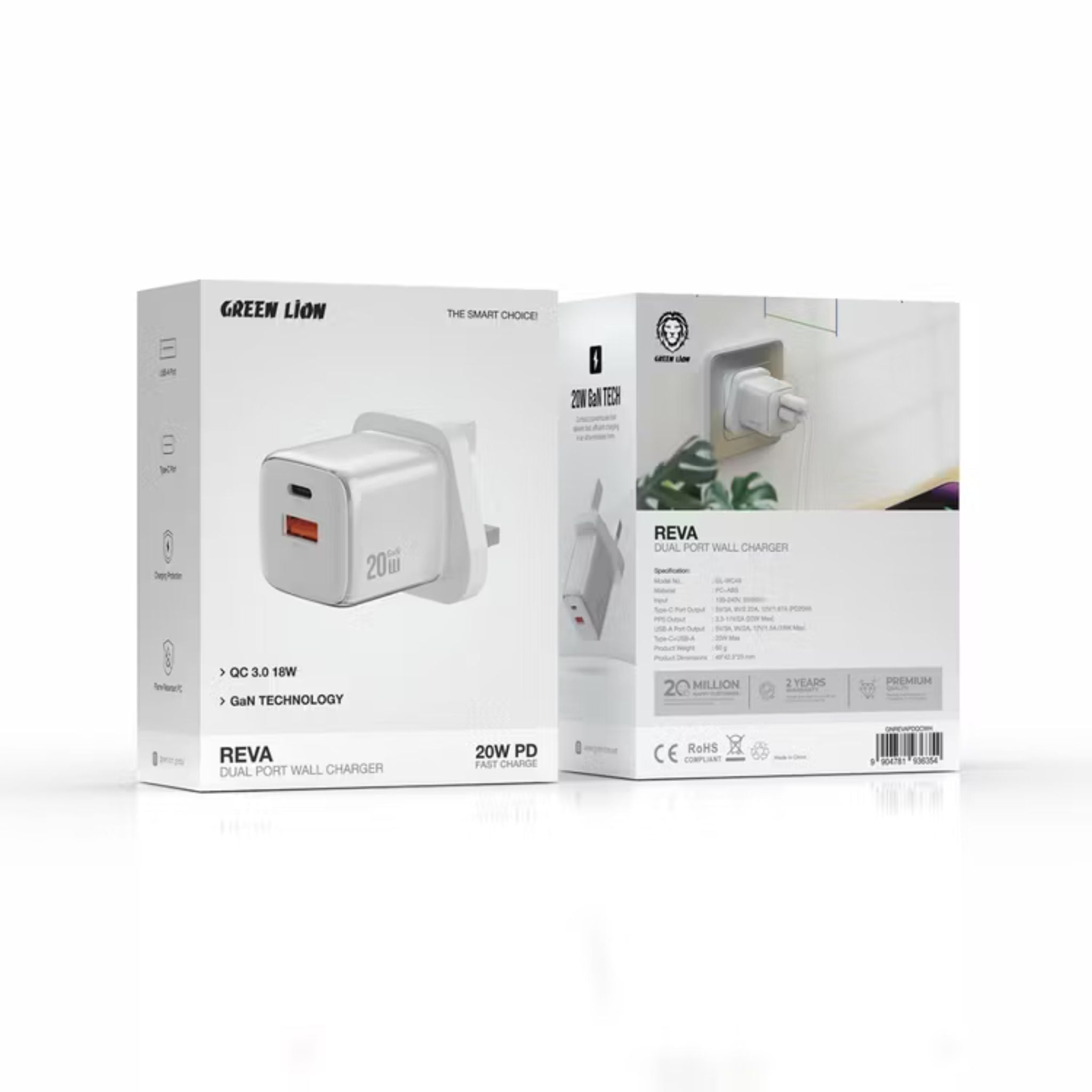 Green Lion Reva Dual Port Wall Charger with Fast Charge Support, 20W Power Delivery, 18W USB-A Output, Flame-Retardant Material, Multi-Device Charging, Built-in Safeguard, GaN Technology - White