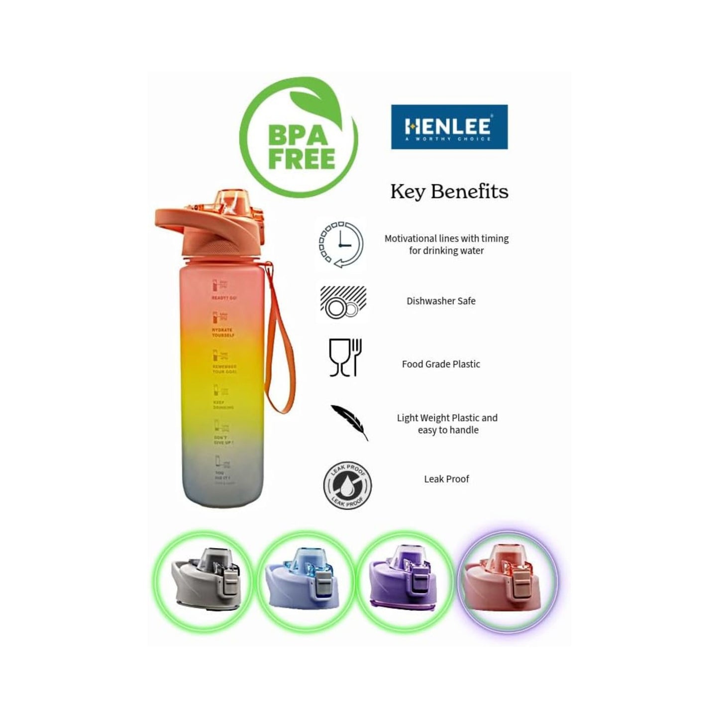 Henlee Water Bottle Violet with Time Indicator Leak proof & BPA free Portable Reusable Drinking 1L Water Jug for Men Women Kids Student to Camping Office School Gym Workout 29.5x5x7.5cm_Coral