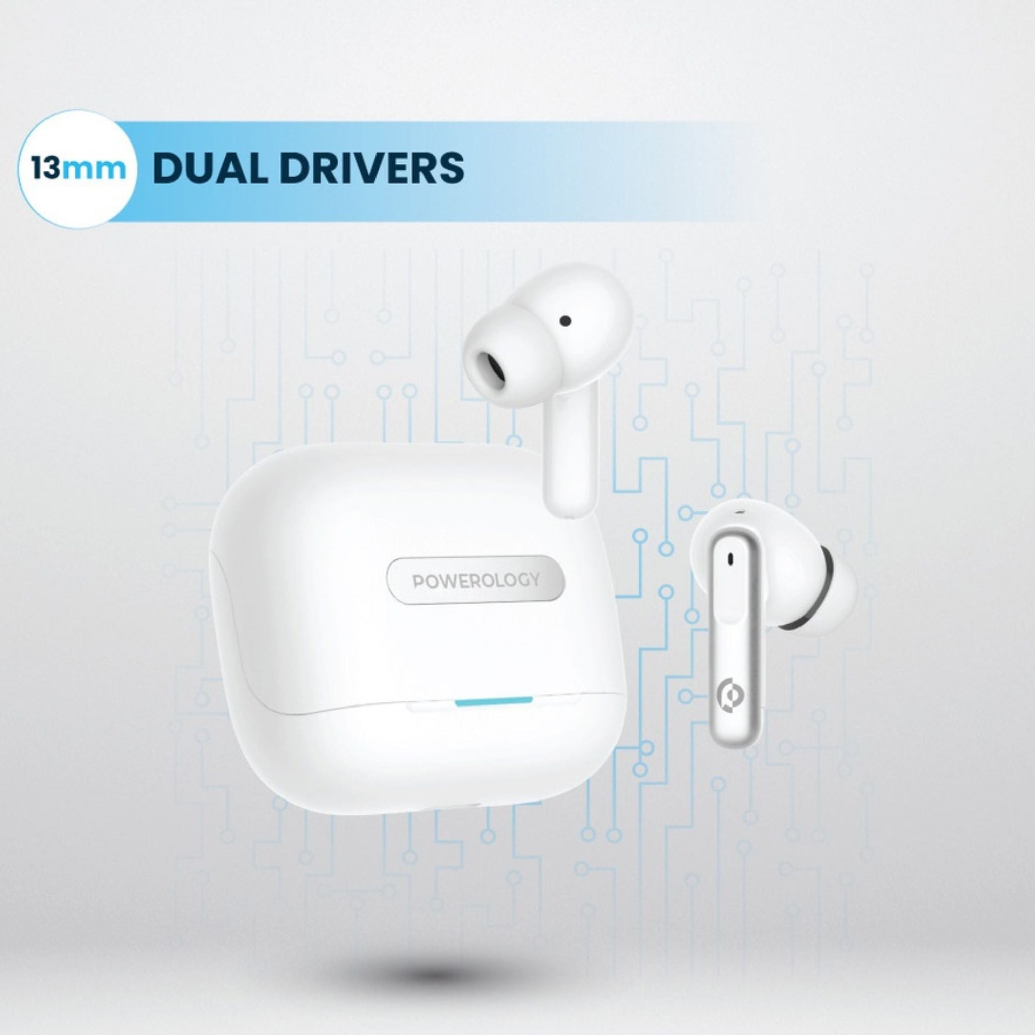 Powerology Hybrid True Wireless Earbuds with ANC + ENC, 6 Microphone, Bluetooth Version 5.3 & Type-C Charging Port - White