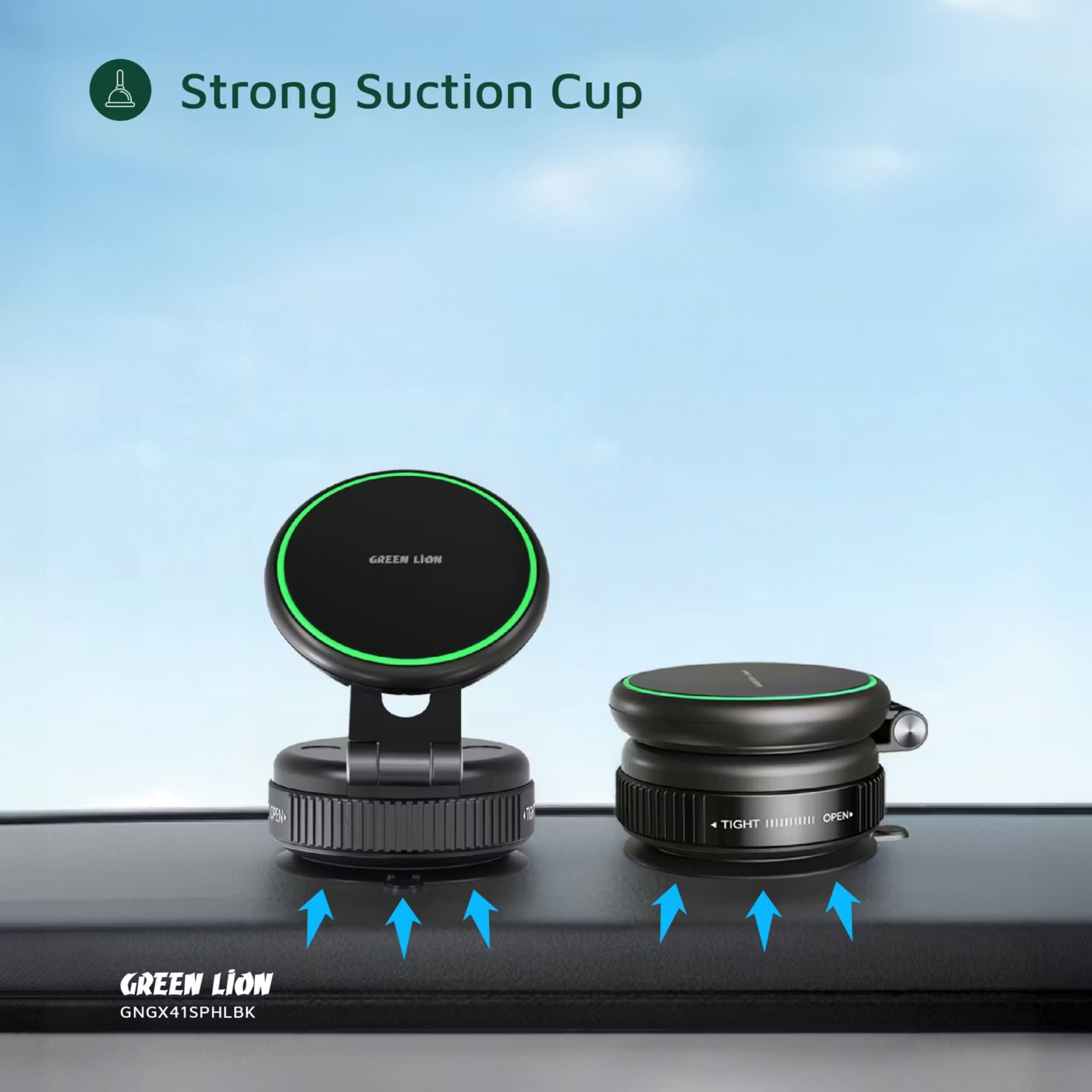 Green Lion GX-41 Suction Phone Holder with 1kg Adsorption Force, Magsafe Compatible, Swivel Lock Base, Wide Compatibility, Aluminum Alloy Arm, Foldable & Adjustable - Black