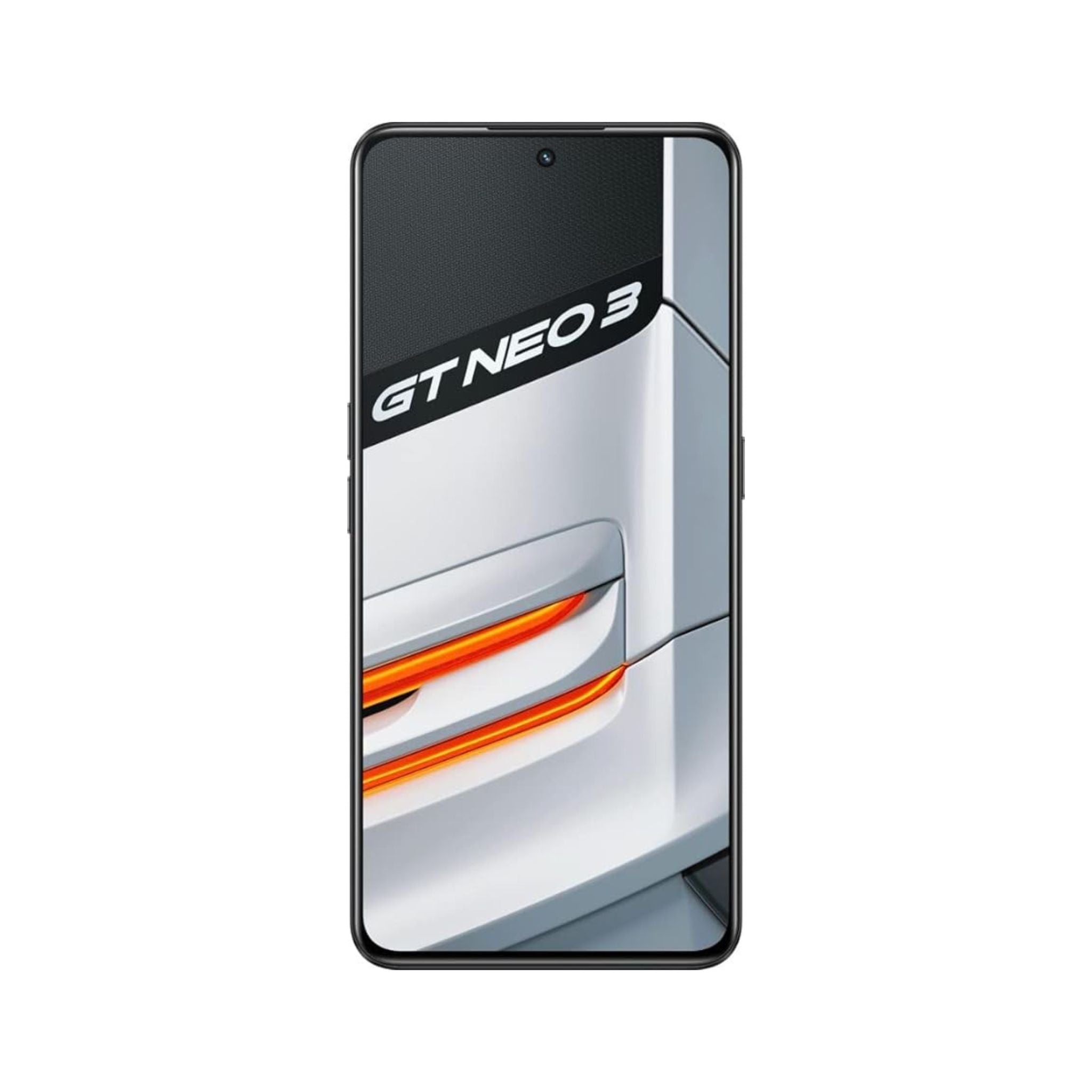 Realme GT Neo 3 smartphone in white color with a black top and bottom, featuring a curved AMOLED display and the GT Neo 3 branding on the back.