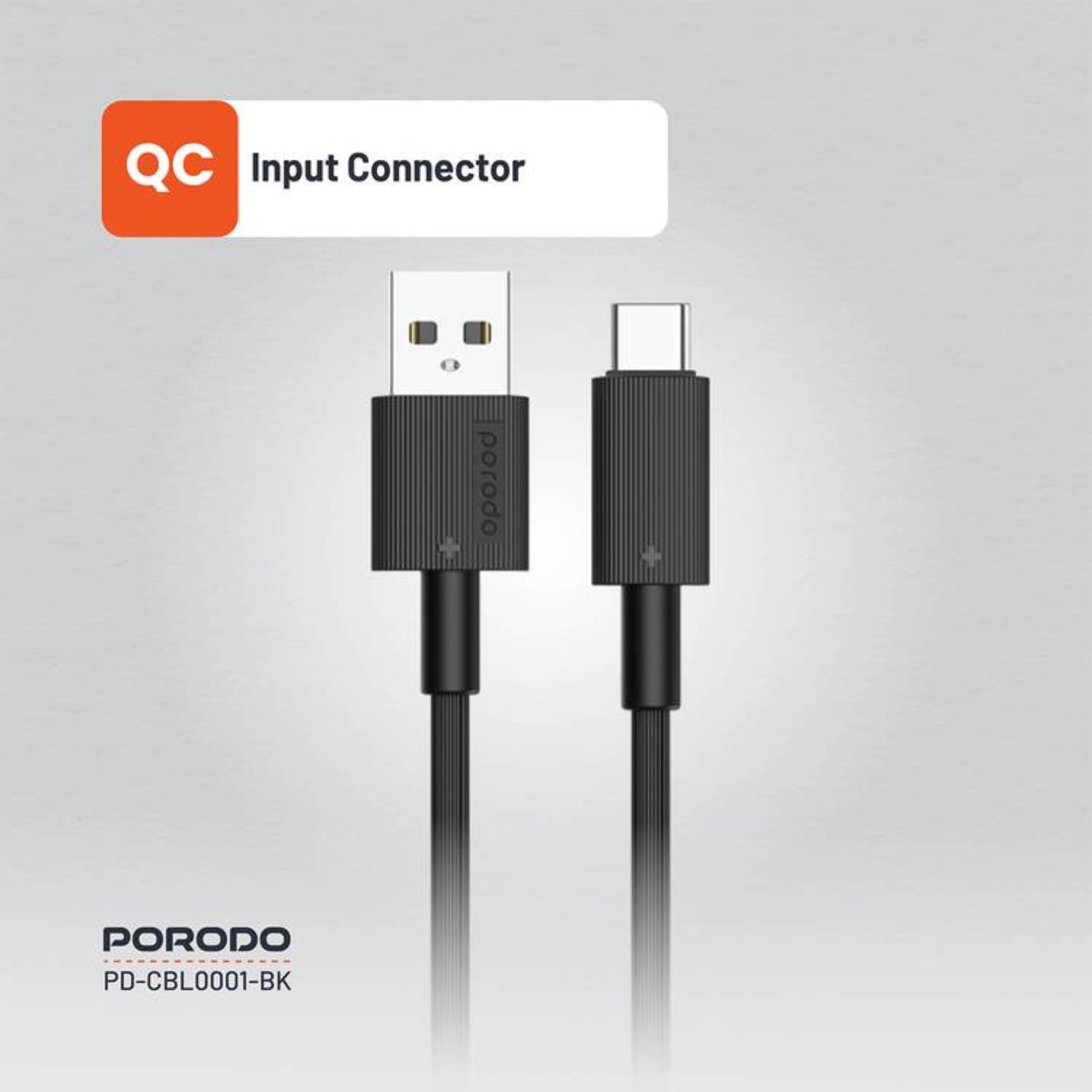 Porodo USB-A to USB-C PVC Cable, 480Mbps Transfer Speed, more than 15000 Bends Life Span, 1.2m Cable length, Tangle Free - Black
