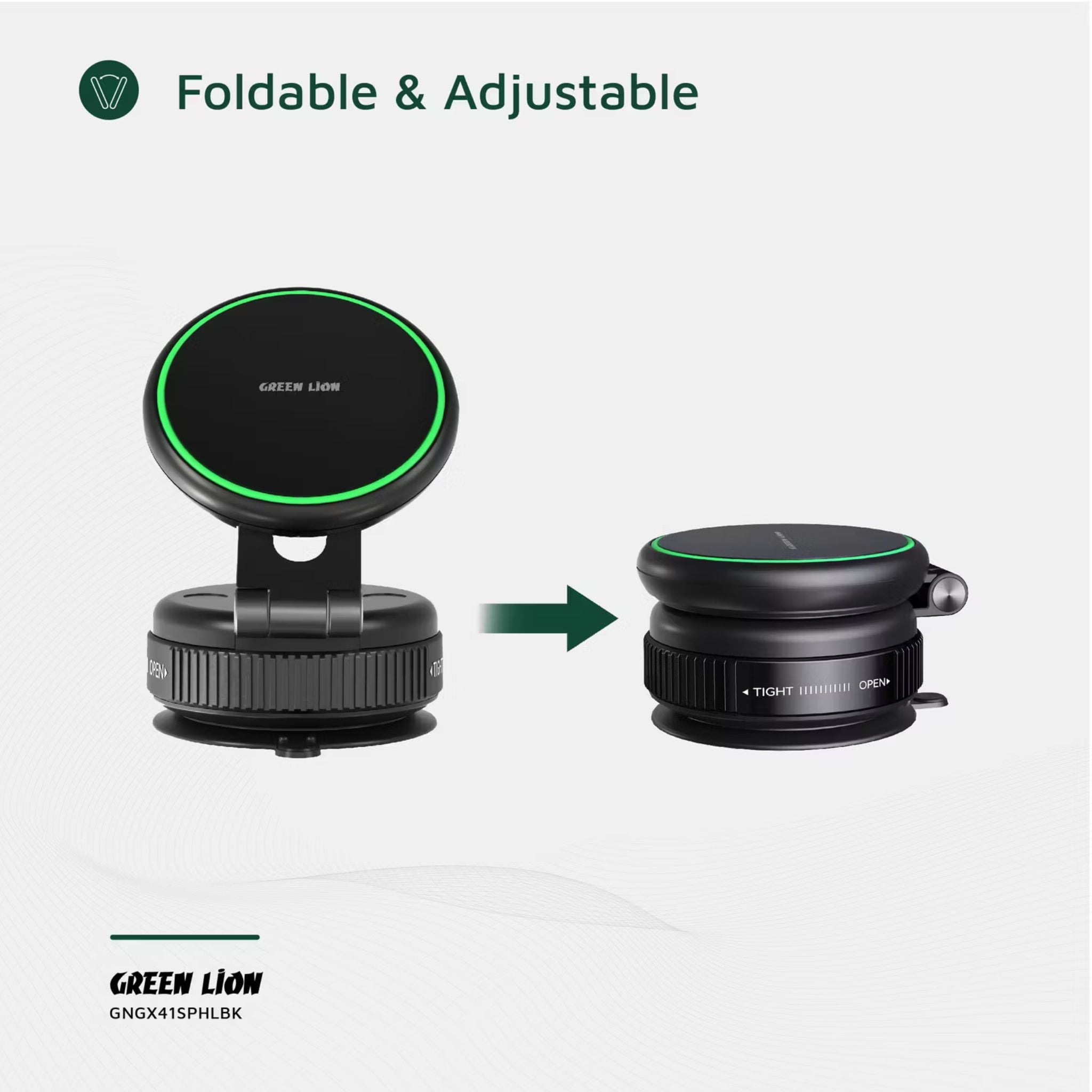 Green Lion GX-41 Suction Phone Holder with 1kg Adsorption Force, Magsafe Compatible, Swivel Lock Base, Wide Compatibility, Aluminum Alloy Arm, Foldable & Adjustable - Black