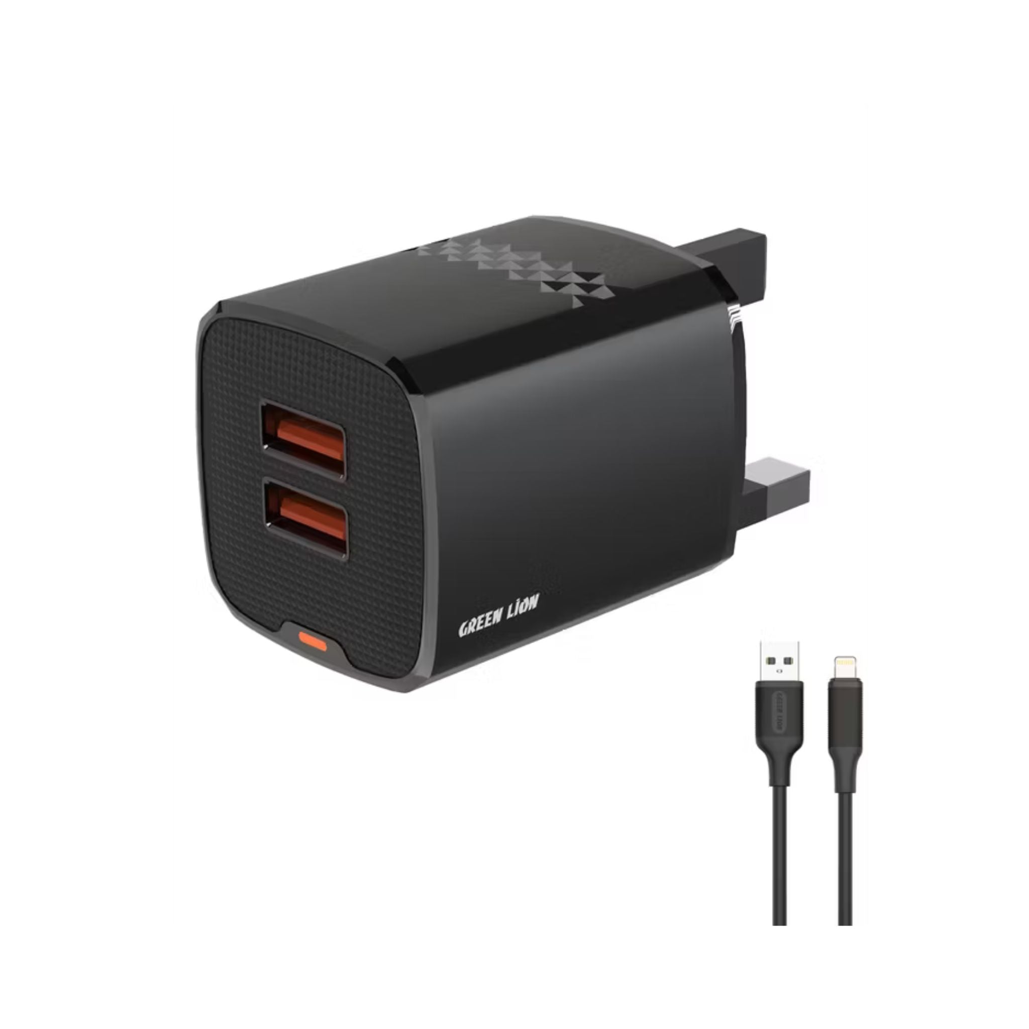 Green Lion Dual Port Wall Charger with USB-A to Lightning Cable, 10.5W per USB-A Output, ABS Material, UK 3-Pin Plug, Smart Safety System, Ultra-Compact Design - Black