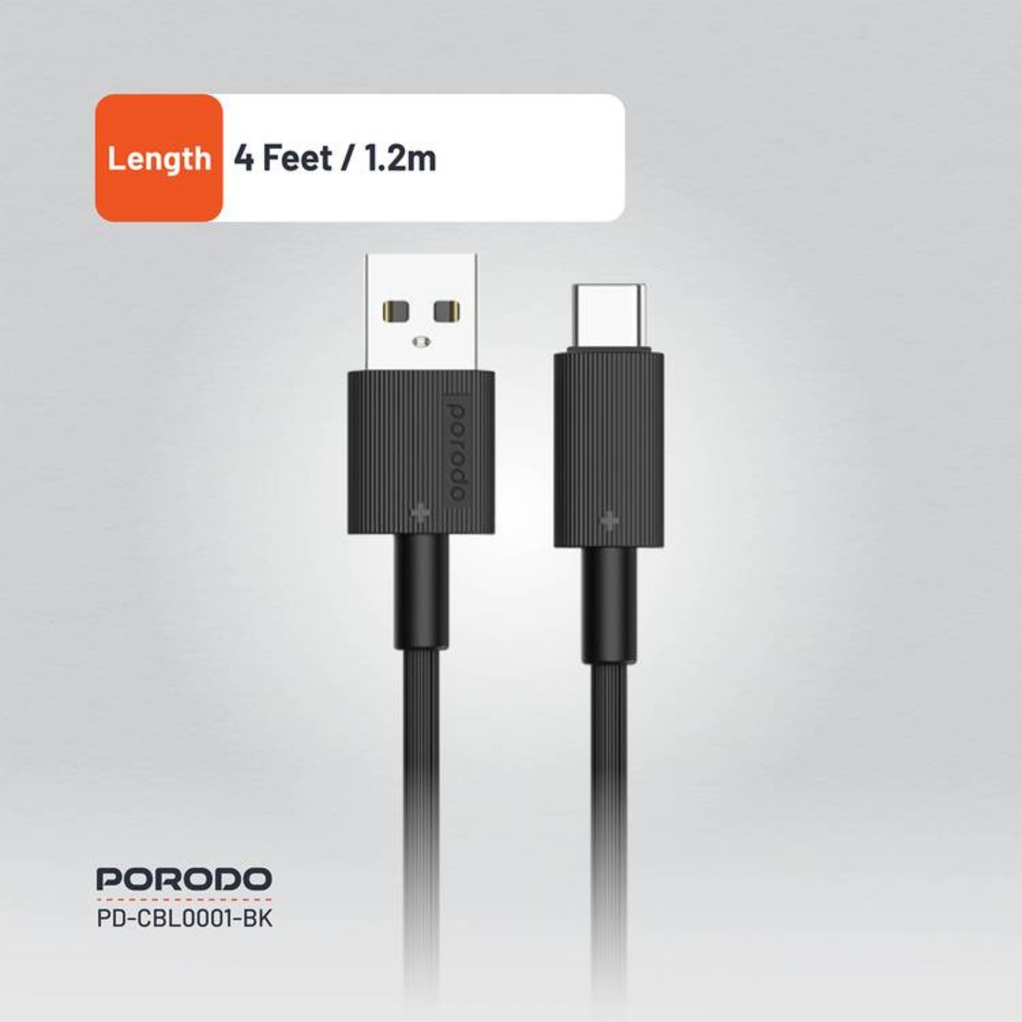 Porodo USB-A to USB-C PVC Cable, 480Mbps Transfer Speed, more than 15000 Bends Life Span, 1.2m Cable length, Tangle Free - Black
