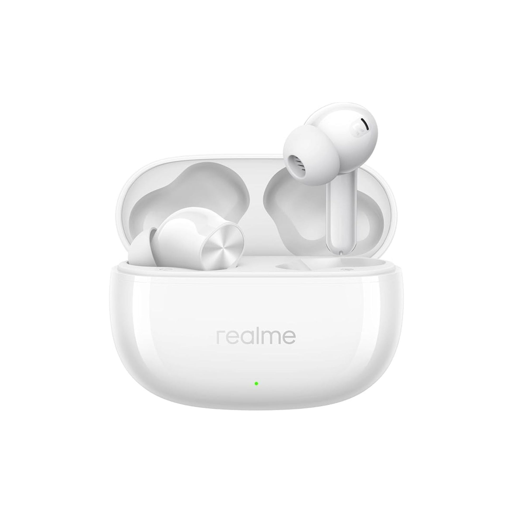 White wireless earbuds in a charging case on a white background with 'realme' branding.