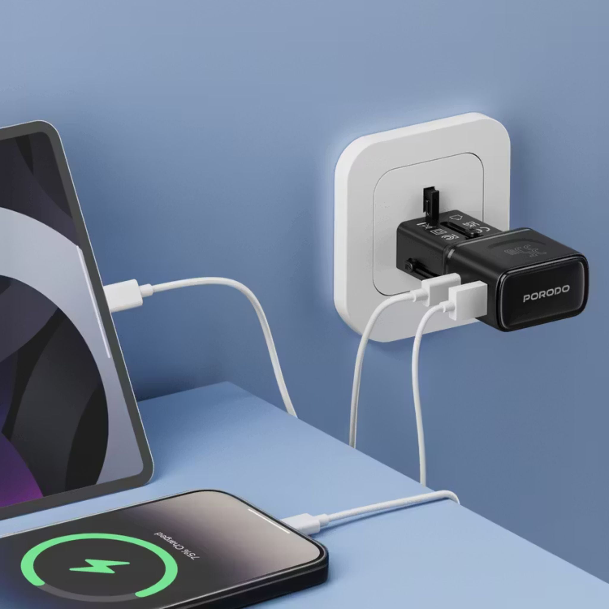 Porodo Universal Travel Pocket Charger with 800mA Battery Capacity, Supported UK, EU, US & AU Plugs, 35W Mini Universal Charger, USB-A & USB-C Ports, Built-in Safeguards, 200+ Countries - Black