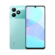 Realme C51 smartphone in Mint Green color with dual rear cameras and the brand logo visible on the back. The front screen displays a colorful graphic.