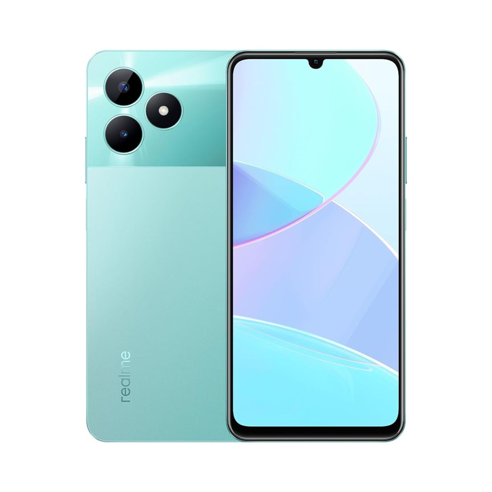 Realme C51 smartphone in Mint Green color with dual rear cameras and the brand logo visible on the back. The front screen displays a colorful graphic.