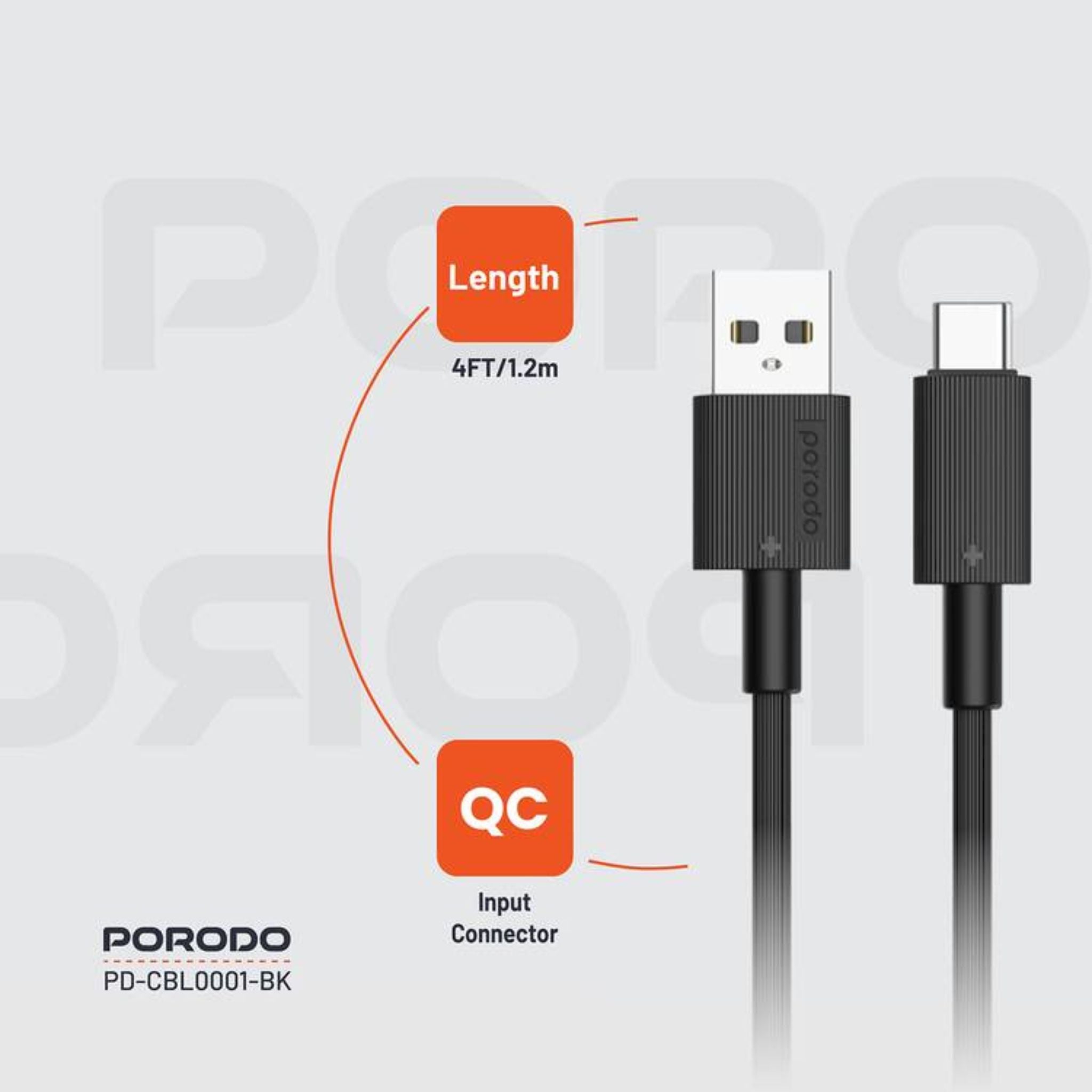 Porodo USB-A to USB-C PVC Cable, 480Mbps Transfer Speed, more than 15000 Bends Life Span, 1.2m Cable length, Tangle Free - Black