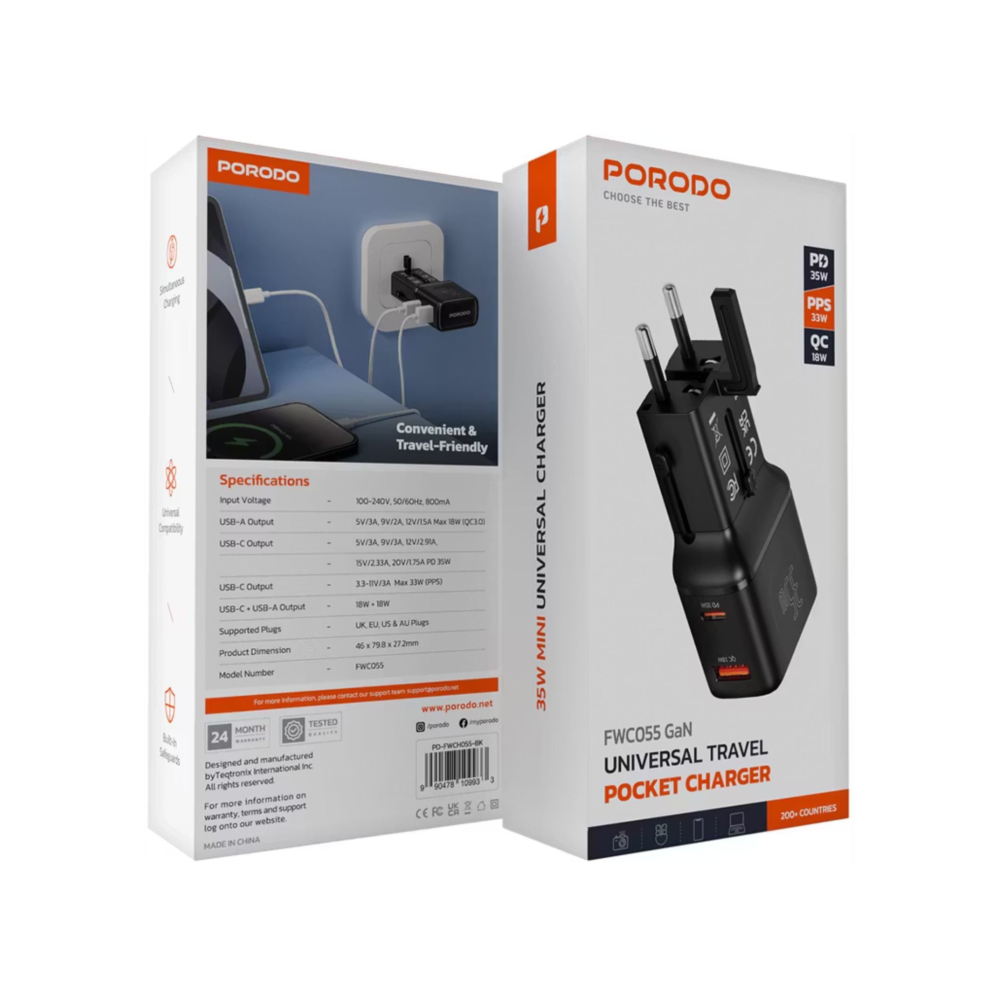 Porodo Universal Travel Pocket Charger with 800mA Battery Capacity, Supported UK, EU, US & AU Plugs, 35W Mini Universal Charger, USB-A & USB-C Ports, Built-in Safeguards, 200+ Countries - Black